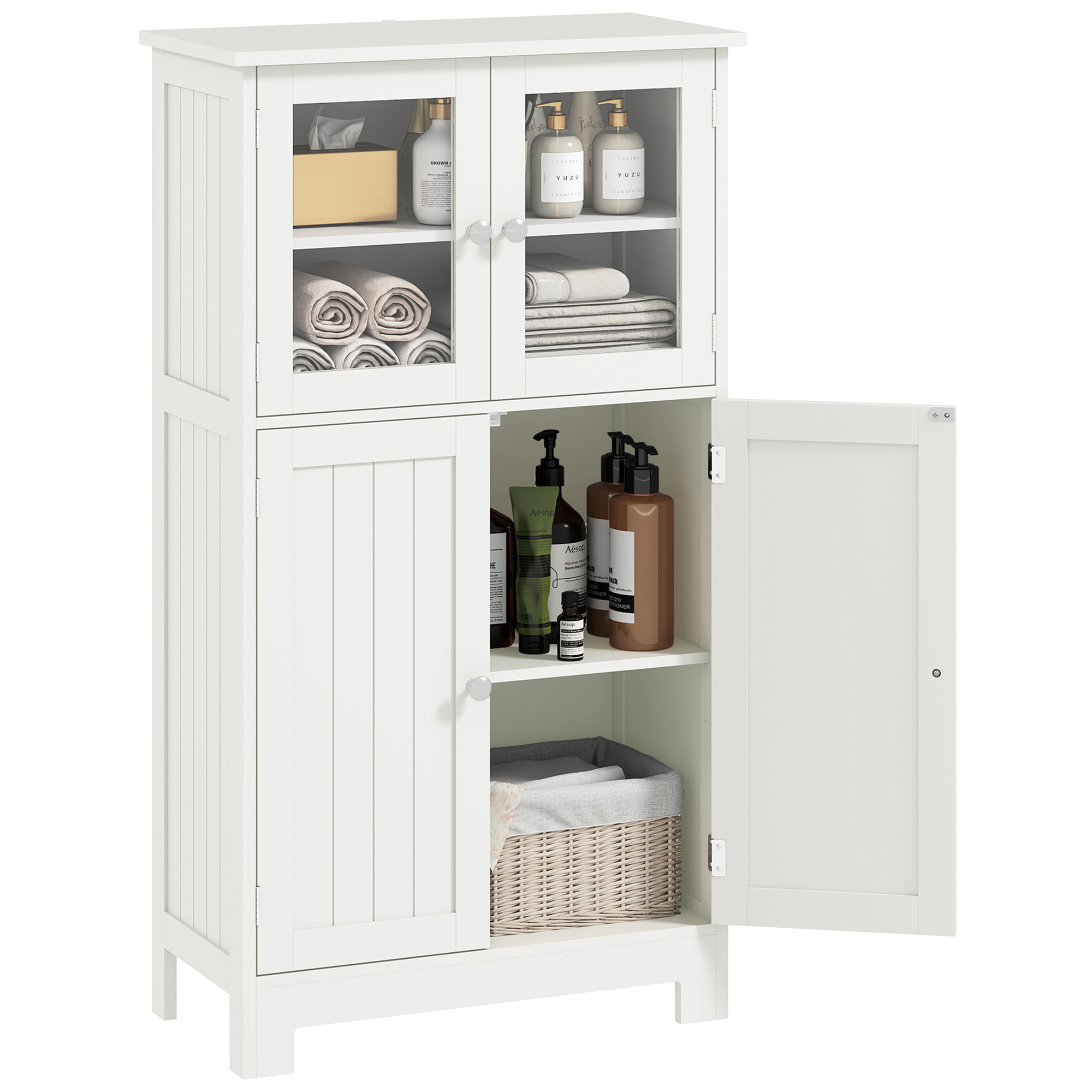 kleankin Badezimmerschrank, mit 2 Staufächern, Glastüren, Einlegeboden, Schutzlackierung, weiß, 60 x 30 x 108,5 cm