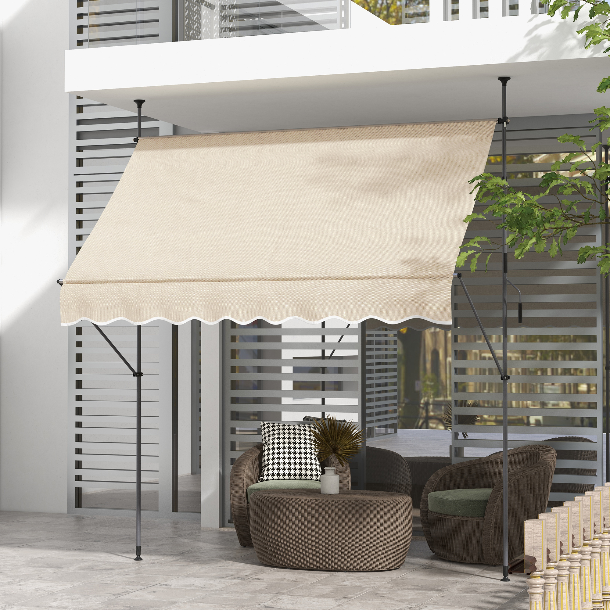 Outsunny Freistehende manuelle einziehbare Markise 2,5L x 1,2B x 2,1-3H m einstellbare Neigung Metall Alu Polyester Sand