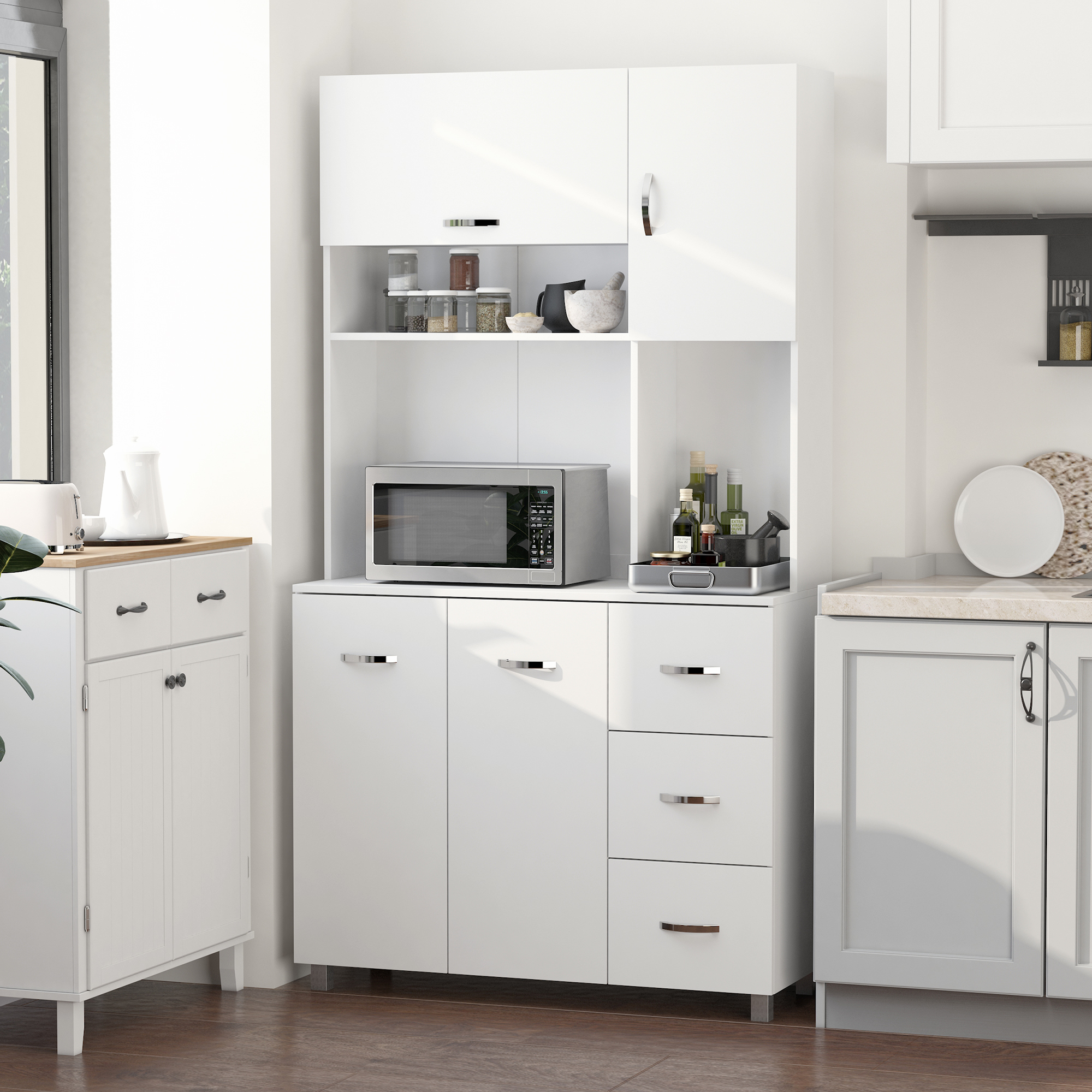 HOMCOM Küchenschrank, Hochschrank mit 3 Schubladen,Sideboard, Aufbewahrungsschrank mit verstellbaren Ablagen, Kommode, Weiß, 100x 39,5 x 183,5 cm