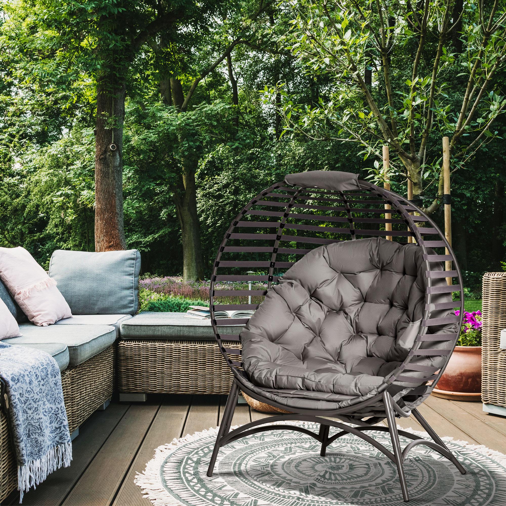 Outsunny Papasansessel Gartenstuhl 2Korb-Stuhl mit Kissen oval Loungesessel Korb faltbar Balkon Terrasse Outdoor/Indoor Sandbraun Stahl 118 x 75 x 139 cm