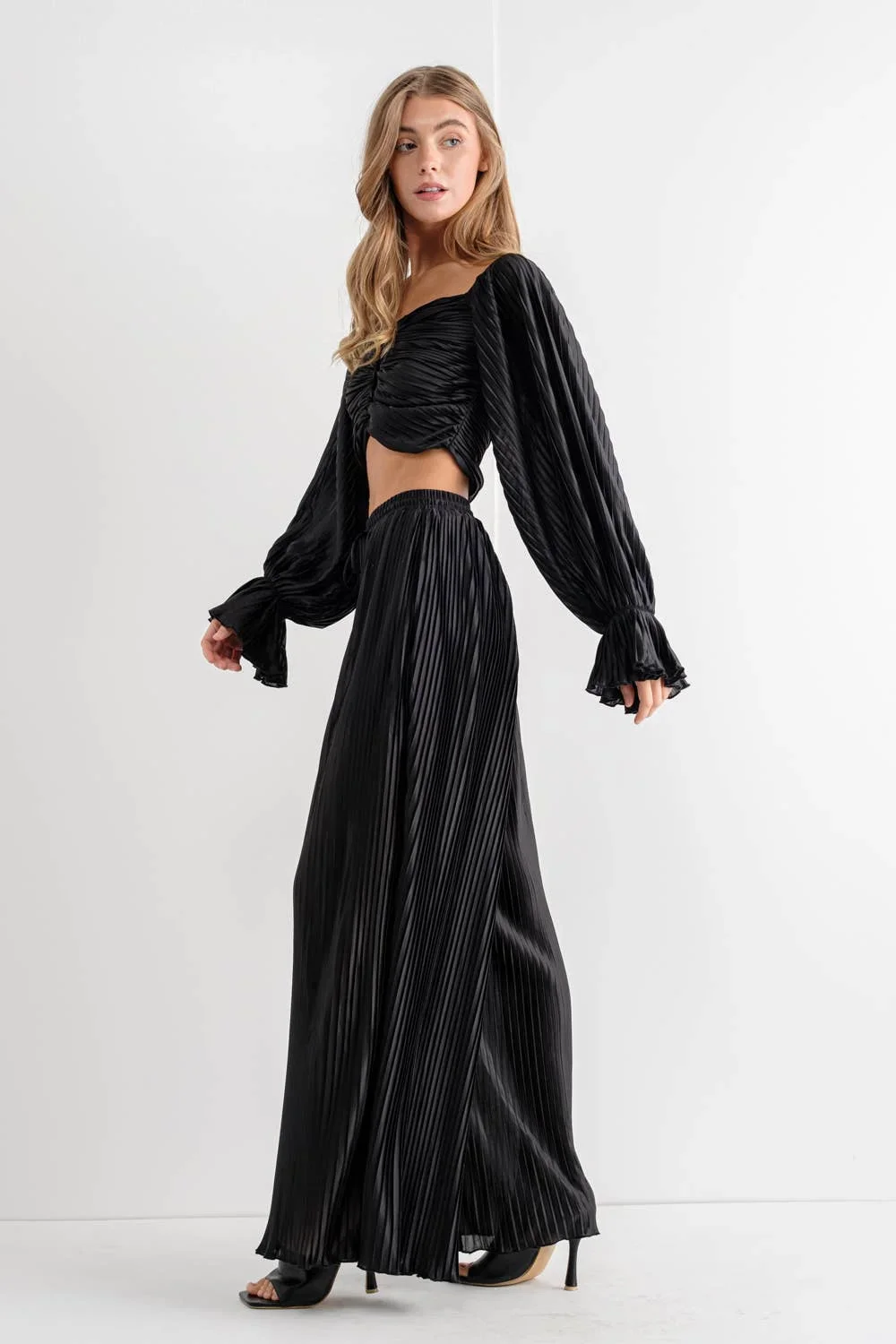 Micro Accordion Pleated Crop Button Up Blouse