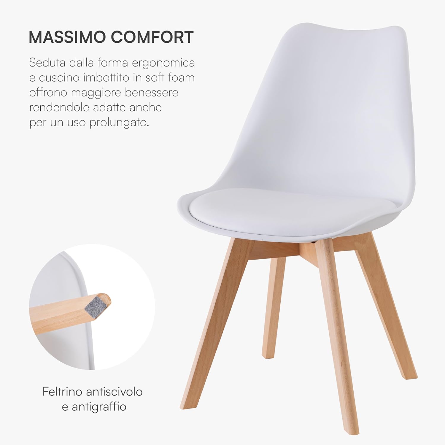 Baroni Home Set di 4 Sedie da Pranzo o Ufficio con Gambe in Legno, Sedia Ergonomica con Cuscino Integrato 57X48X79 cm Bianco