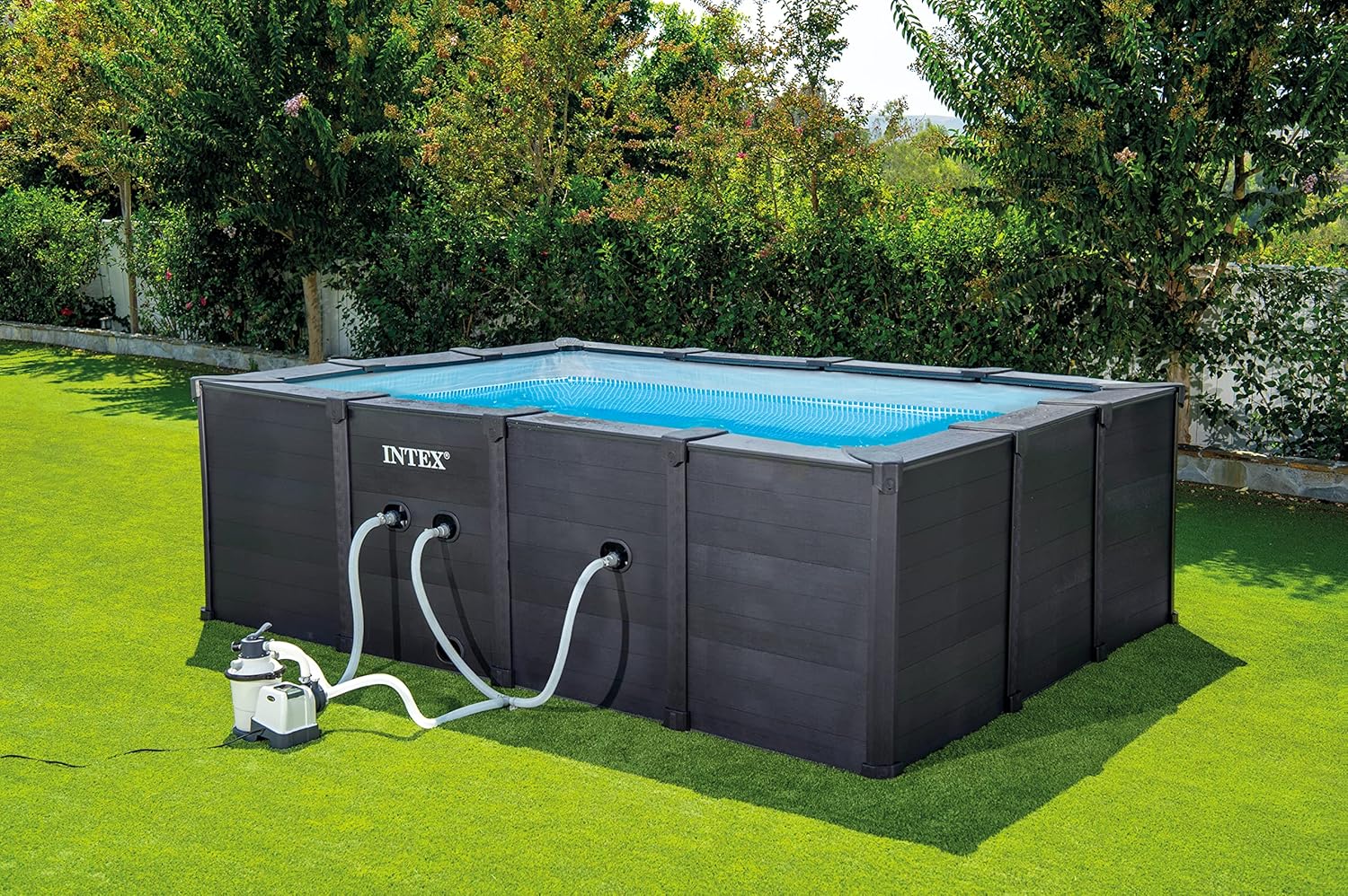 Intex 26396NP - Piscina Graphite Gray Panel Rettangolare, con Pompa Filtro a Sabbia 3500 L/h, Scaletta e Teli, 400x300x124 cm