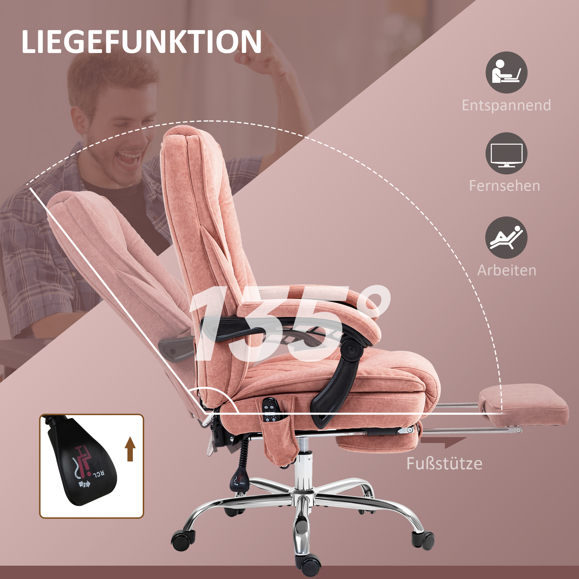 Vinsetto Ergonomische Bureaustoel met Massagefunctie, Voetensteun, Draaibaar, Rolbaar, Roze