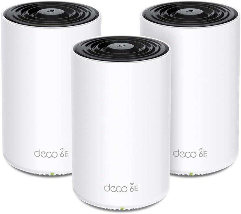 TP-Link Deco XE75 (3-pack) Mesh Router AXE5400 Wi-Fi 6E Tri-Band, Per Tutta La Casa, Porta Gigabit, 802.11ax 6 GHz, AI-Driven, TP-Link HomeShield, MU-MIMO, OFDMA