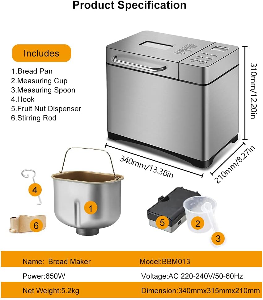 Macchina per il pane con timer e funzione automatica di mantenimento del calore, in acciaio inox, 19 programmi di cottura, 3 formati di pane e 3 colori per la preparazione di torte e marmellate
