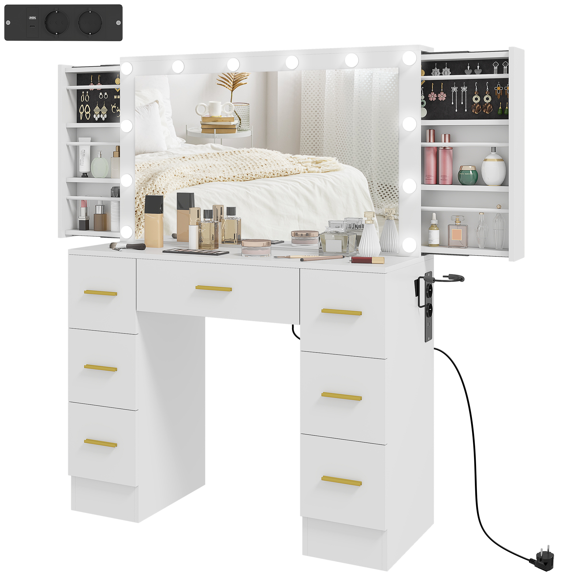 HOMCOM Schminktisch mit Spiegel und 12 LED-Lichtern, Frisiertisch mit 7 Schubladen, 6 versteckte Staufächer, Spanplatte, Weiß