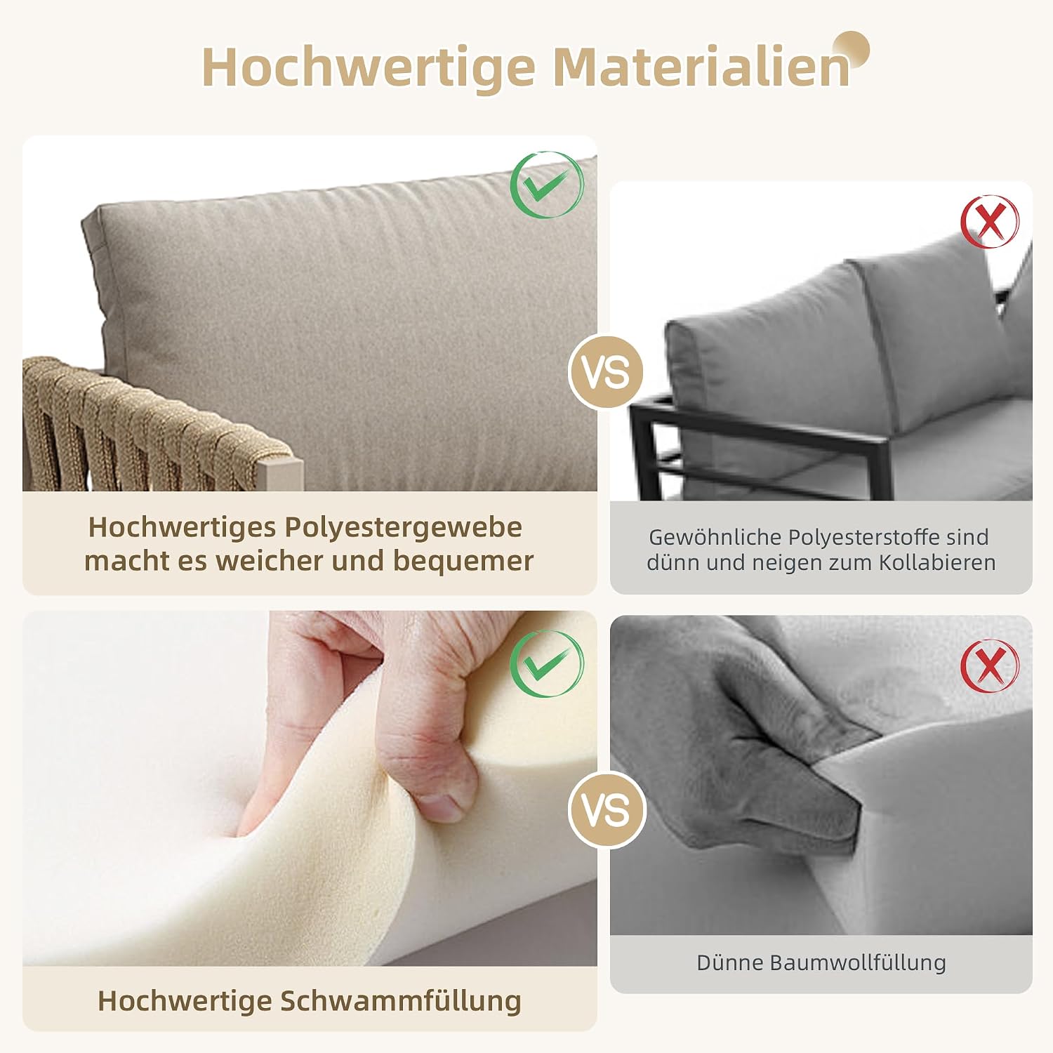 Idemon Set di mobili da giardino con struttura in ferro zincato, gambe regolabili, divano ad angolo, piano in vetro temperato, inclusi tutti i cuscini per seduta e schienale, beige