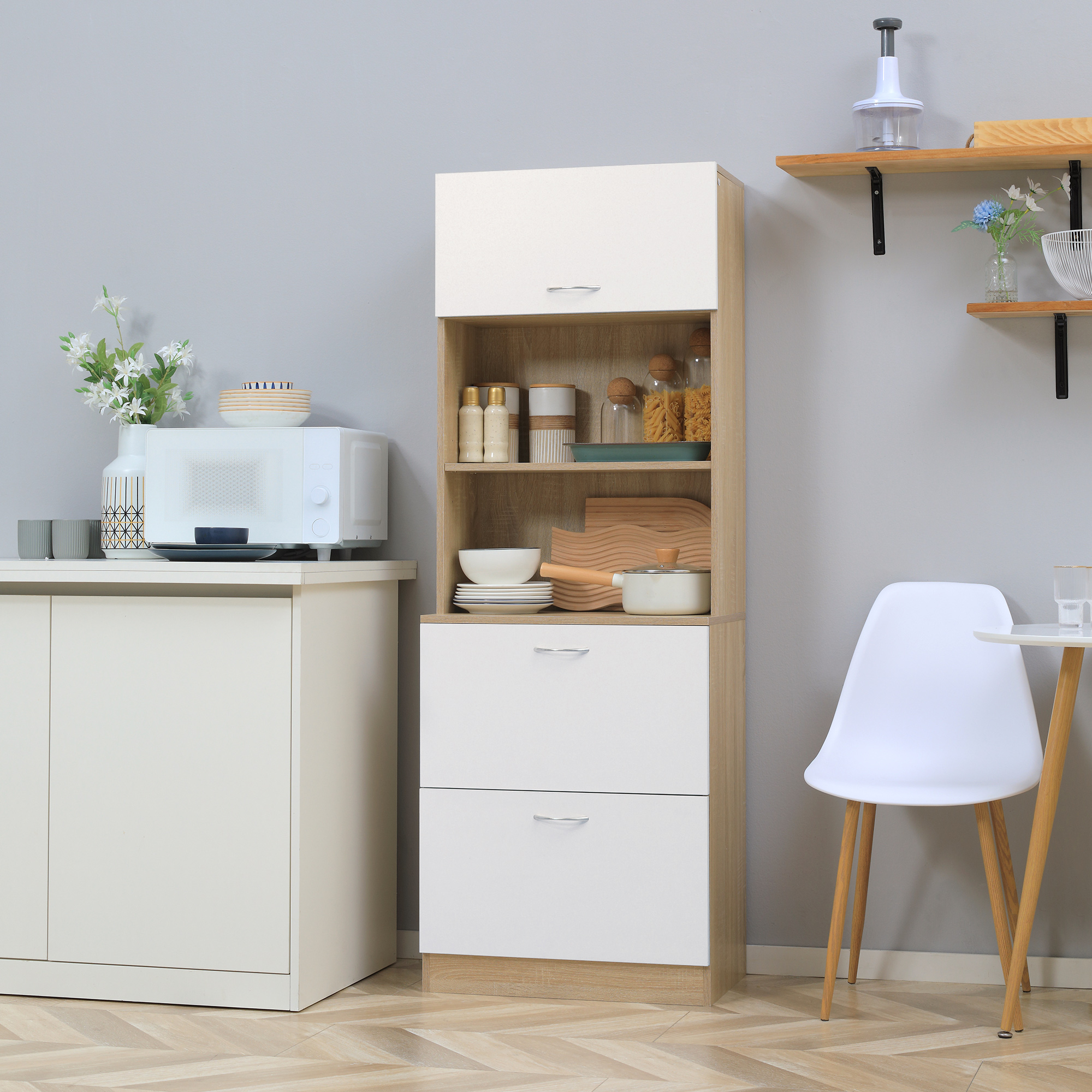HOMCOM Küchenbuffet Küchenschrank Mehrzweckschrank 2 Schubladen 1 Schrank + große Arbeitsplatte 60 x 38 x 168 cm MDF weiß