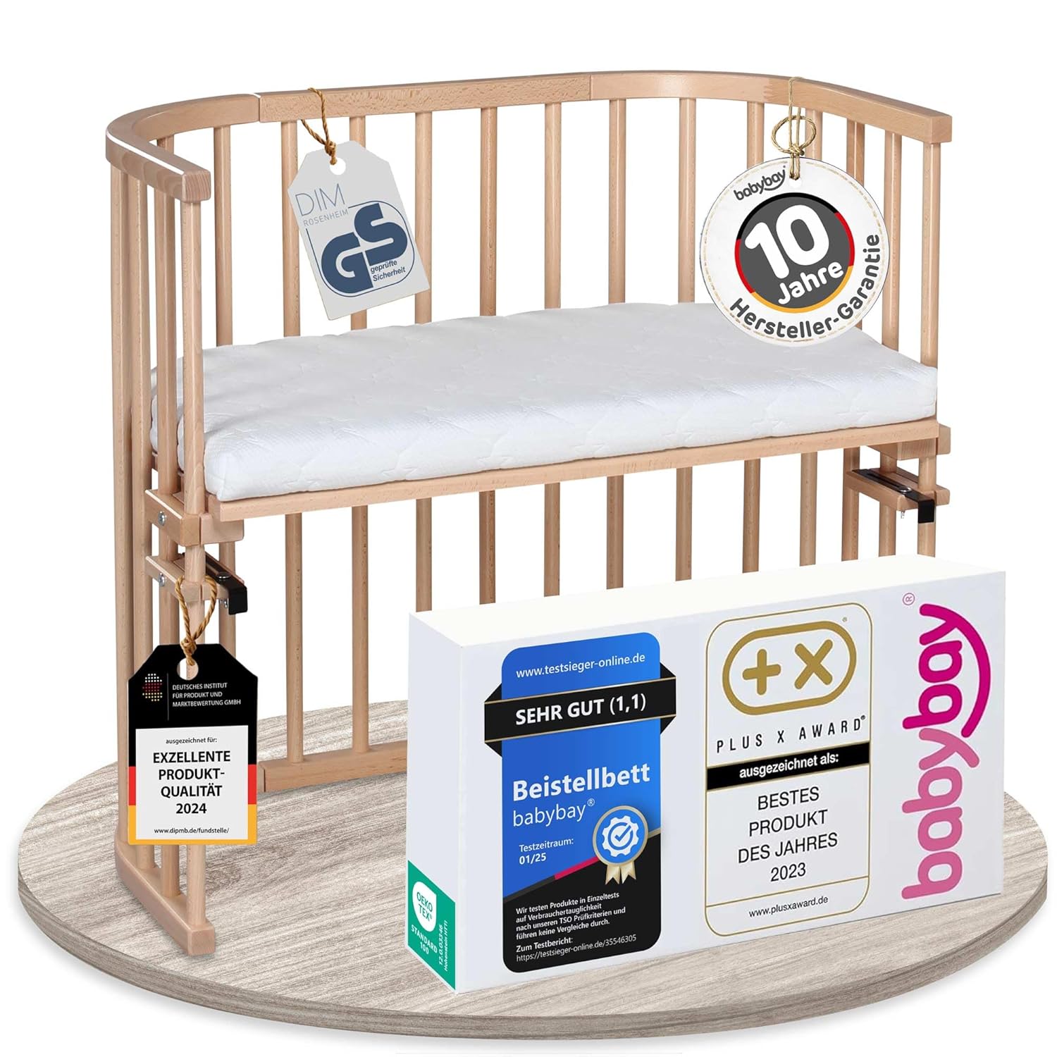 babybay Original Beistellbett aus massivem Buchenholz / kompakt & verwandelbar / Kinderbett Höhe stufenlos verstellbar & umweltfreundlich / mitwachsendes Babybett (weiß lackiert) / inkl. Matratze