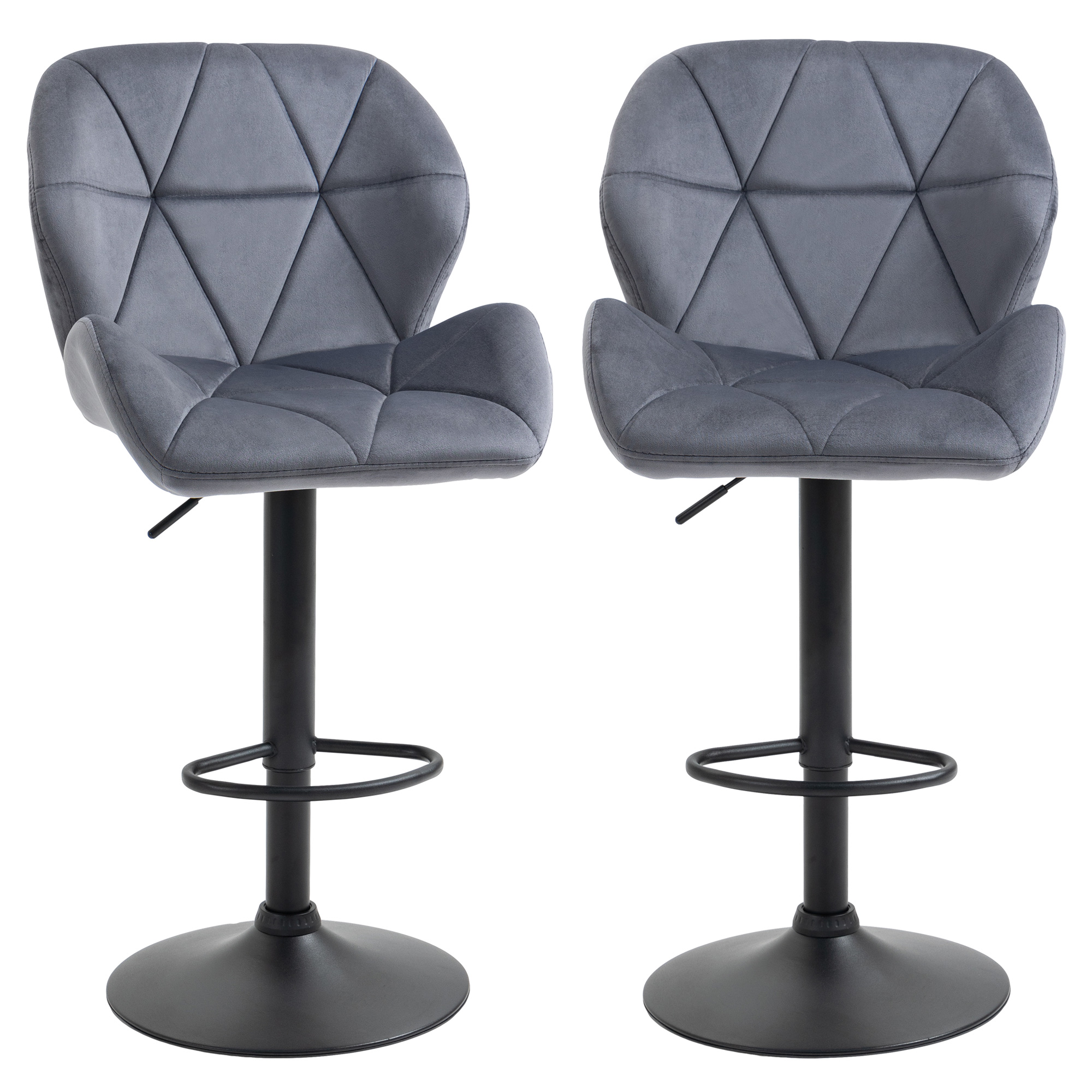 HOMCOM Set 2 Barhocker mit höhenverstellbarer Metallbasis, Samt Sitz, Drehbare Barhocker mit Rückenlehne und Fußstütze, 51,5x57,5x93-114,5cm, Grau