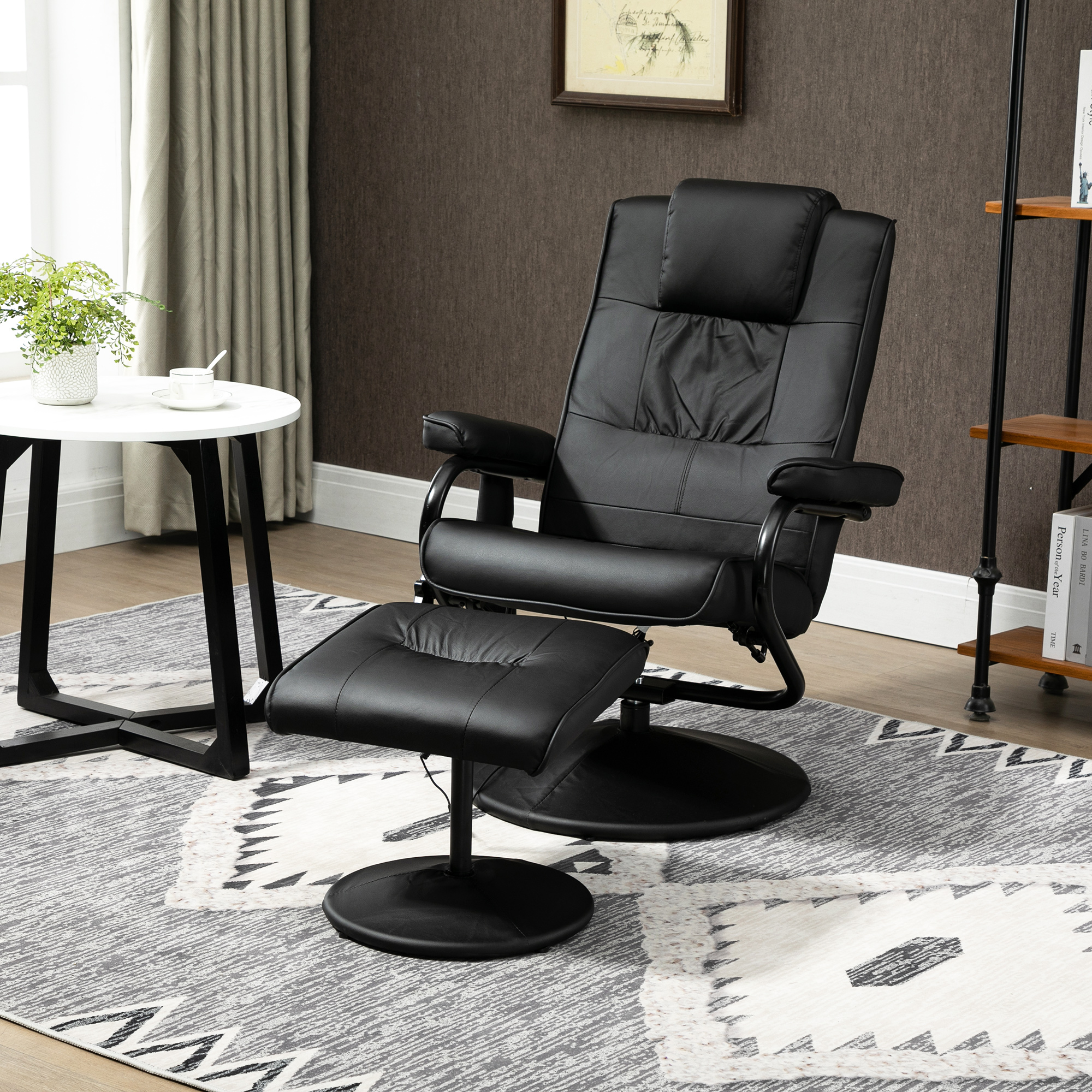 HOMCOM Massagesessel mit Hocker, Drehbares Relaxsessel mit Massagefunktion, Elektrisches Fernsehsessel mit Liegefunktion, Fernbedienung für Wohnzimmer, Kunstleder, Schwarz
