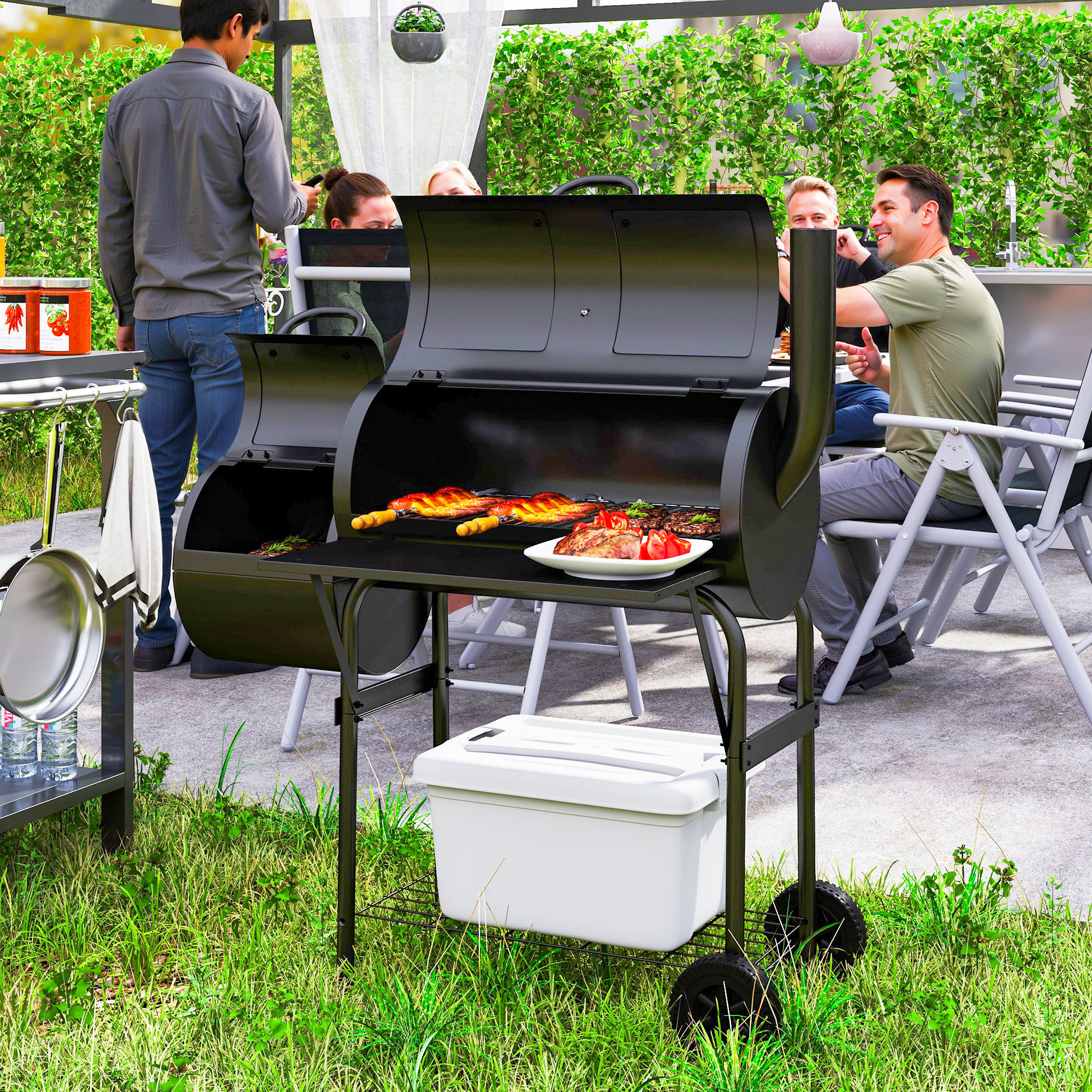 Outsunny Holzkohlegrill aus Stahl BBQ Smoker mit Deckel Thermometer Räder Luftzufuhr Kohlewanne