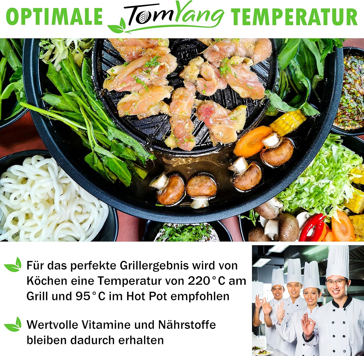 TomYang BBQ inkl. Premium Zubehör für 2 Personen - Original Thai Grill und Hot Pot. Die gesunde Schlankmacher-Küche aus Fernost als Tischgrill, Elektrogrill und Asia Fondue