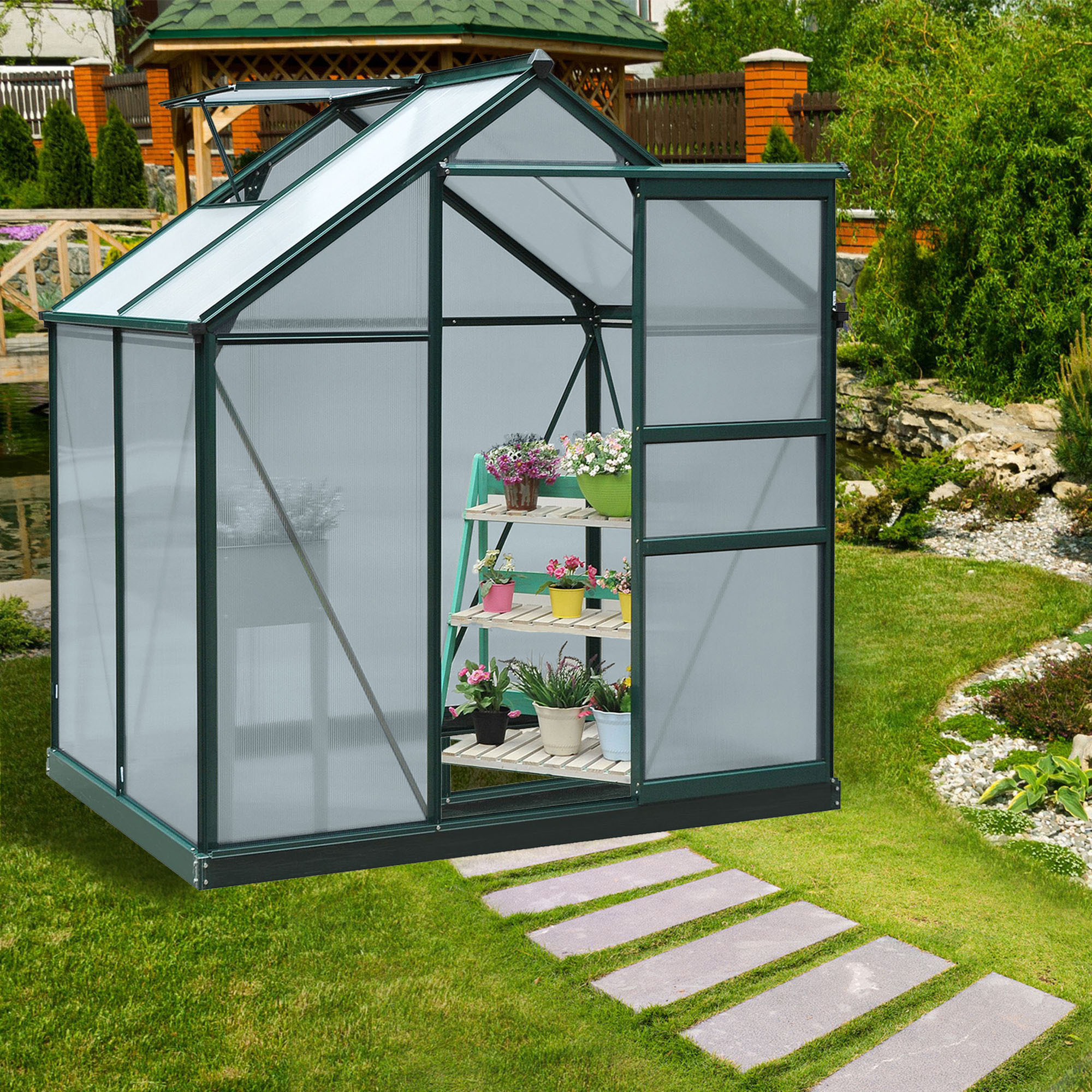 Outsunny Gewächshaus mit Dachfenster Aluminium Treibhaus 190 cm x 132 cm x 201 cm Grün + Transparent