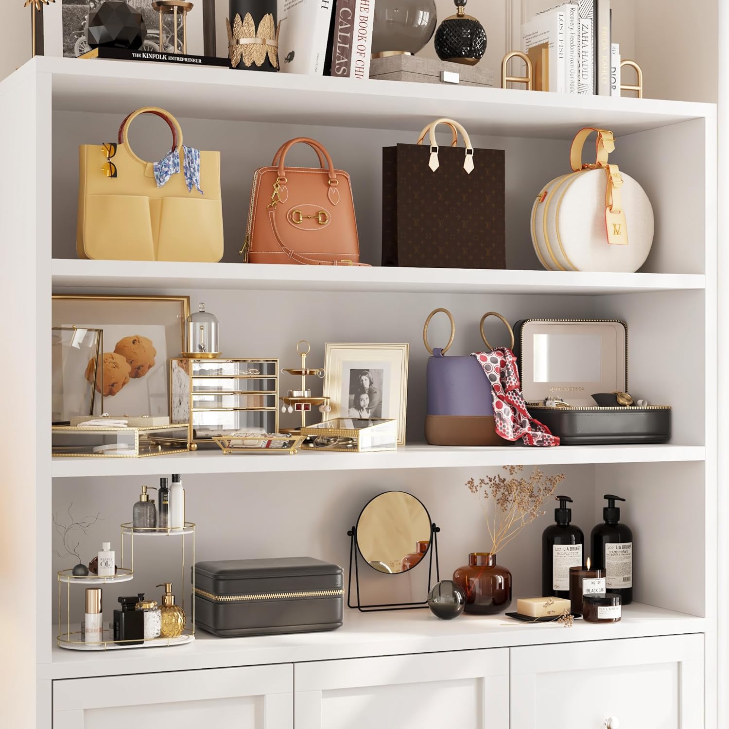 Libreria Armadietto a 9 cassetti, 3 scomparti aperti, maniglie in metallo, multifunzione, 180 x 120 x 39 cm, bianco, MDF