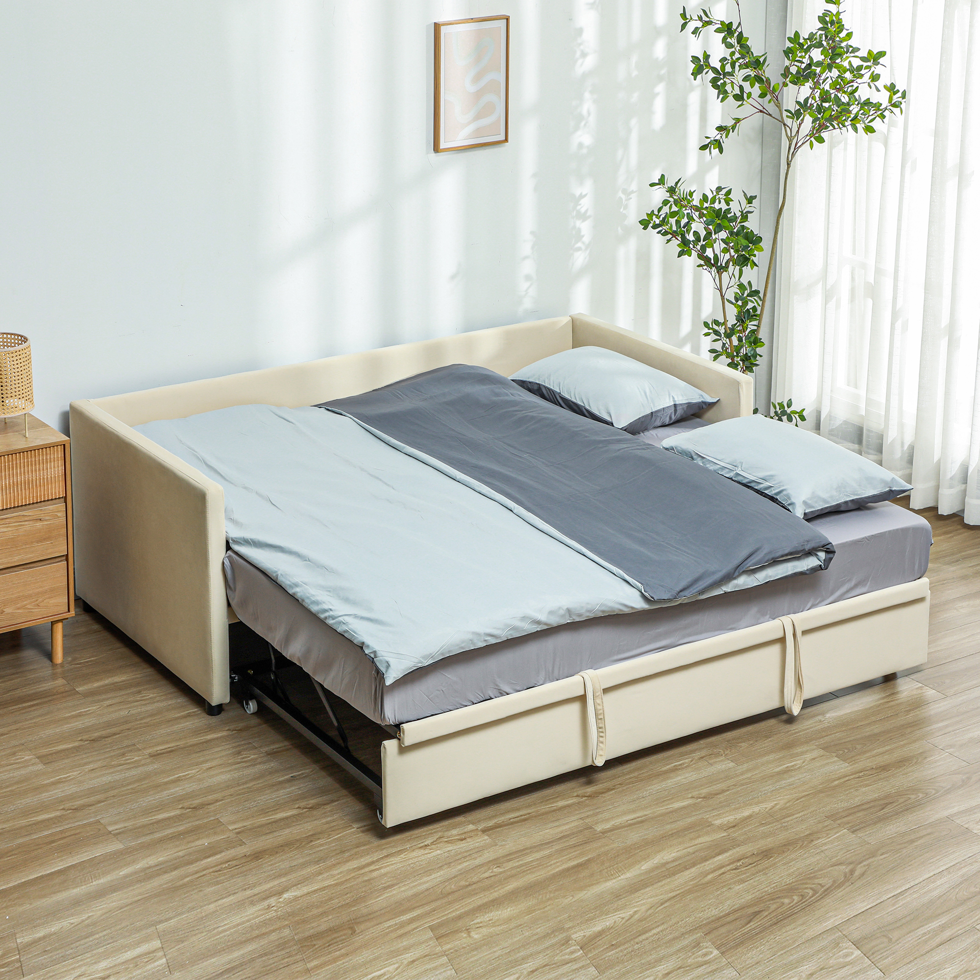 HOMCOM Bettrahmen Schlafsofa 2 in 1, 2-Sitzer-Sofa und Doppelbett, zwei Matratzen von 90 x 190 cm