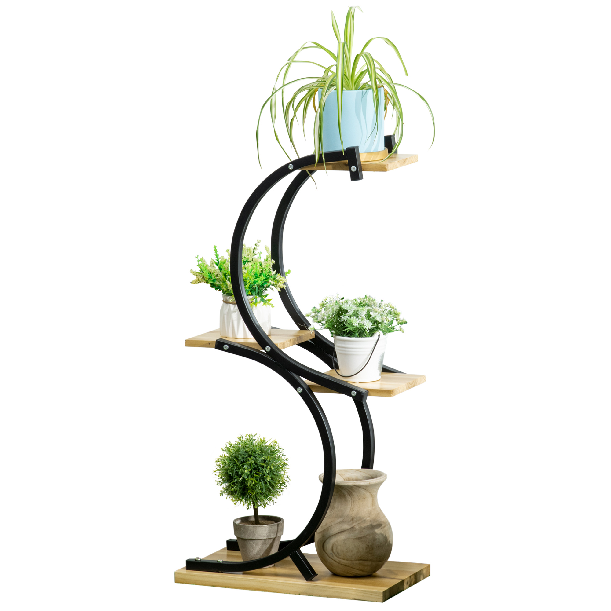 Outsunny Pflanzenständer mit 4 Regalen, Massivholz, wetterbeständig, 46 cm x 25 cm x 91 cm, Schwarz + Natur