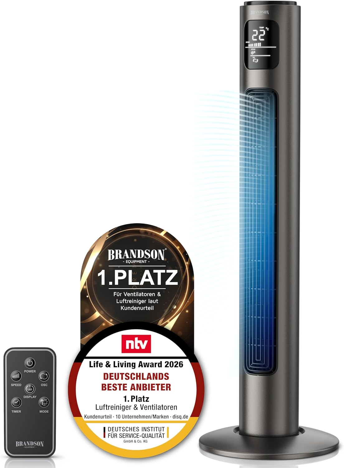 Brandson - Turmventilator mit Fernbedienung - Preisträger 2026 - Oszilation 60° - Standventilator - mobiler Lüfter - Säulenventilator - 96 cm - Ventilator 3 Geschwindigkeitsstufen - GS - Graphite