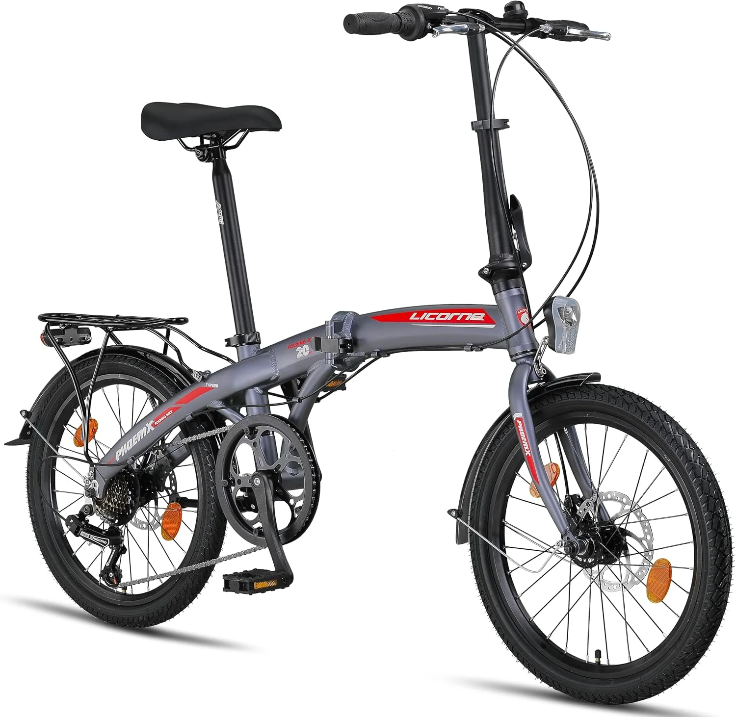 Licorne Bike Phoenix 2D, 20 Zoll Aluminium-Faltrad-Klapprad Scheibenbremse Discbremse V-Bremse Faltfahrrad Herren-Damen 7 Gang Kettenschaltung Folding