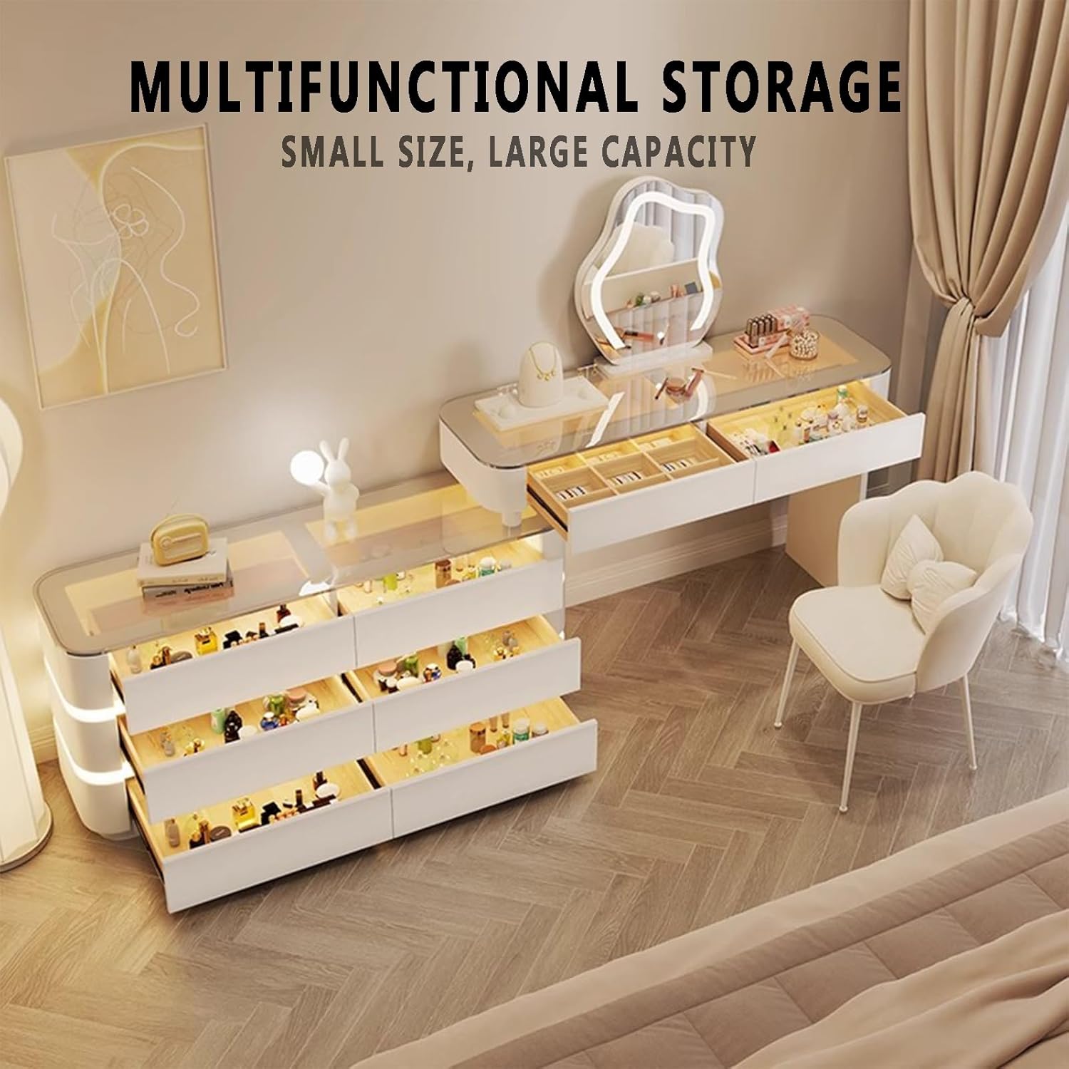 Makeup Table with Lights and Adjustable LED Sockets, Makeup Table with 8 Drawers, for Bedroom