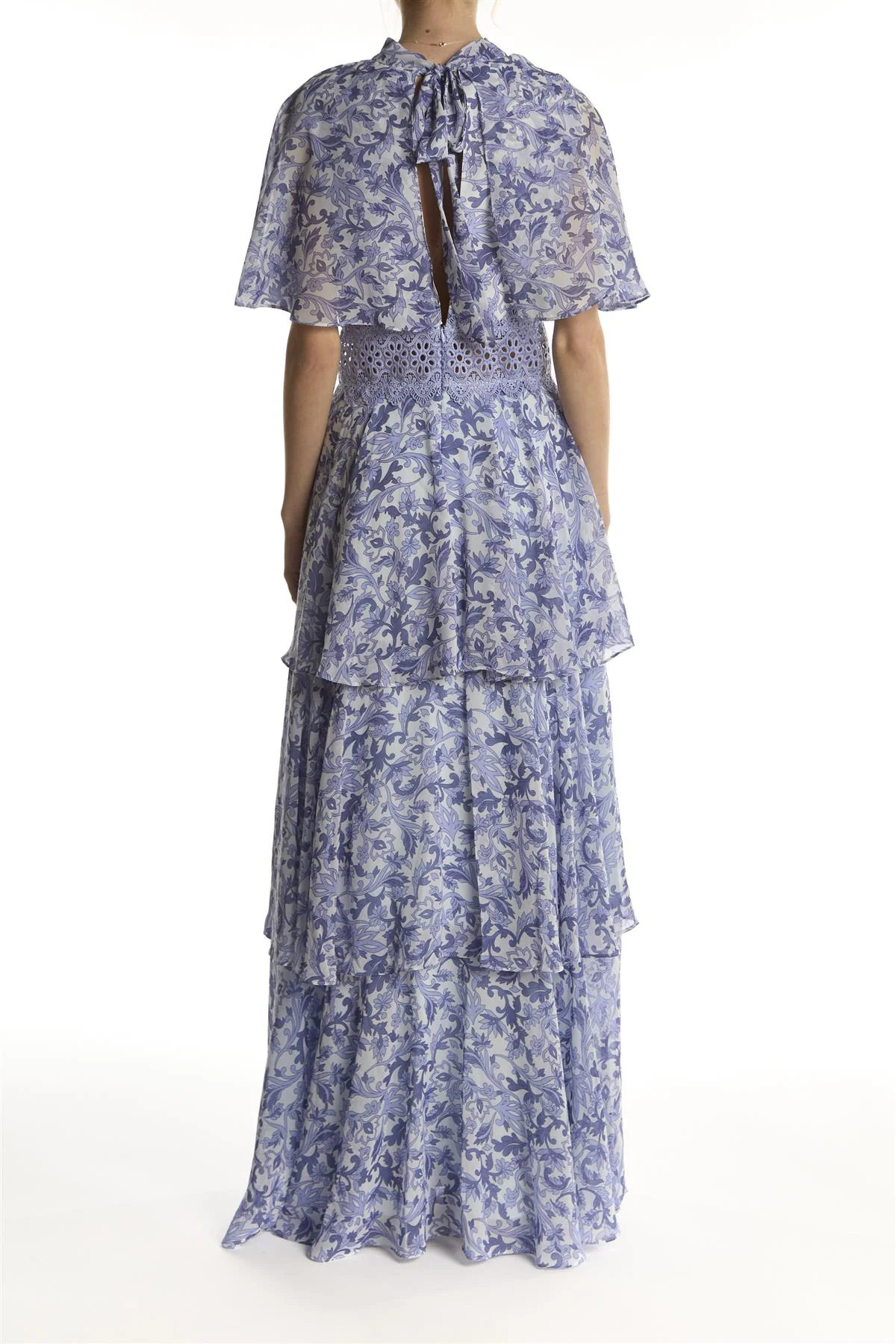 Blue Folk Floral Ruffle Trim Maxi-Dress