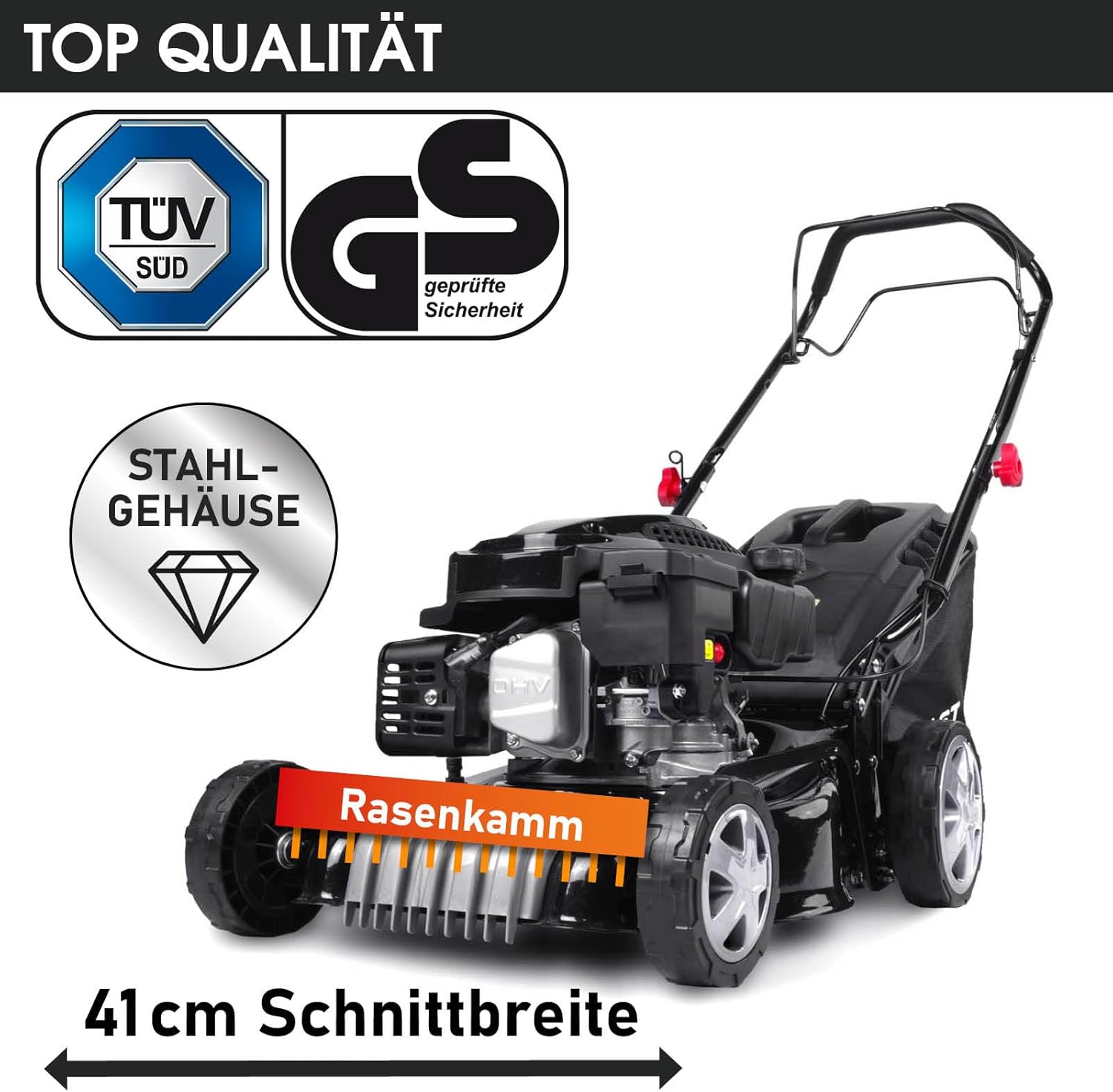 BRAST Benzin Rasenmäher mit Antrieb | 3,0kW (4,1PS) | Elektrostart | 41cm Schnittbreite | viele Modelle | TÜV | 4 Takt OHV Motor | 25-75mm Schnitthöhe | 40L Fangkorb | Stahlgehäuse | 16145 Estart