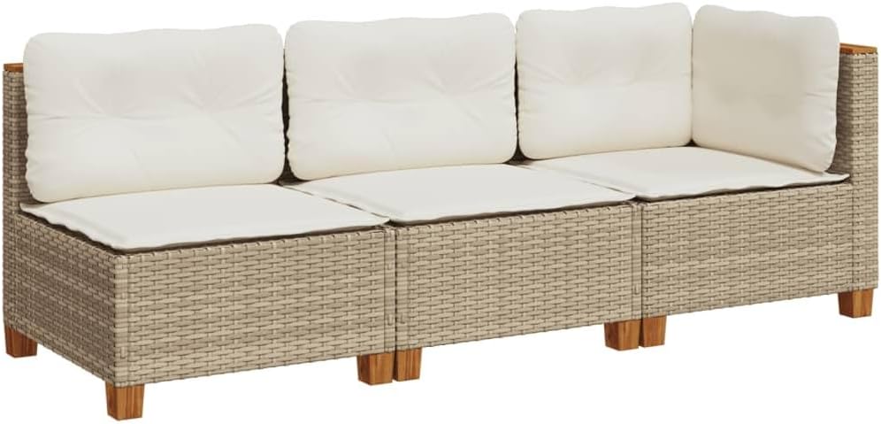 Gartensofa mit Kissen 3-Sitzer Beige Poly Rattan, für Terrasse Balkon und Garten, UV-beständig und wasserdicht, dick gepolsterte Sitzkissen