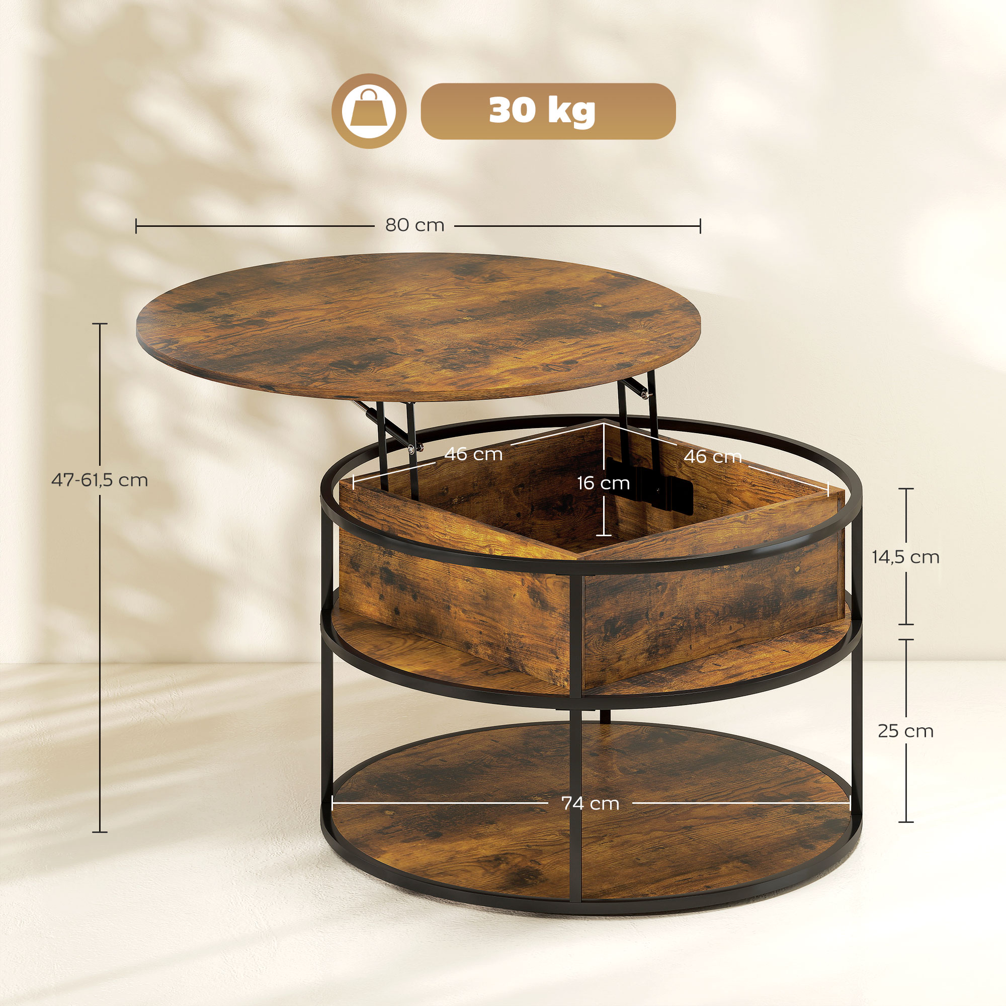HOMCOM Ronde Koffietafel met Ophefbaar Tafelblad, Opbergruimte, Zijvakken, Stalen Frame, Salontafel, Bruin