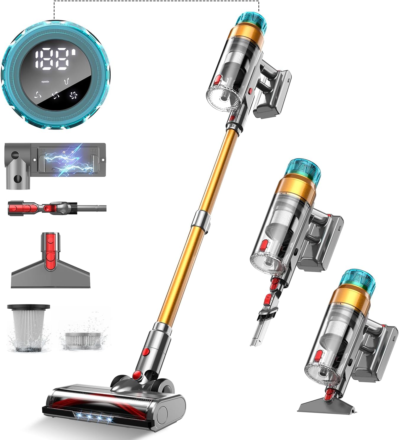 55Kpa&600W Aspirapolvere Senza Fili, 55Mins Scopa Elettrica Senza Aspirapolvere Senza Fili Potente, 11 Stadi Filtrati con supporto di ricarica da parete/Schermo OLED Smart, Anti-Avvolgimento (A34)