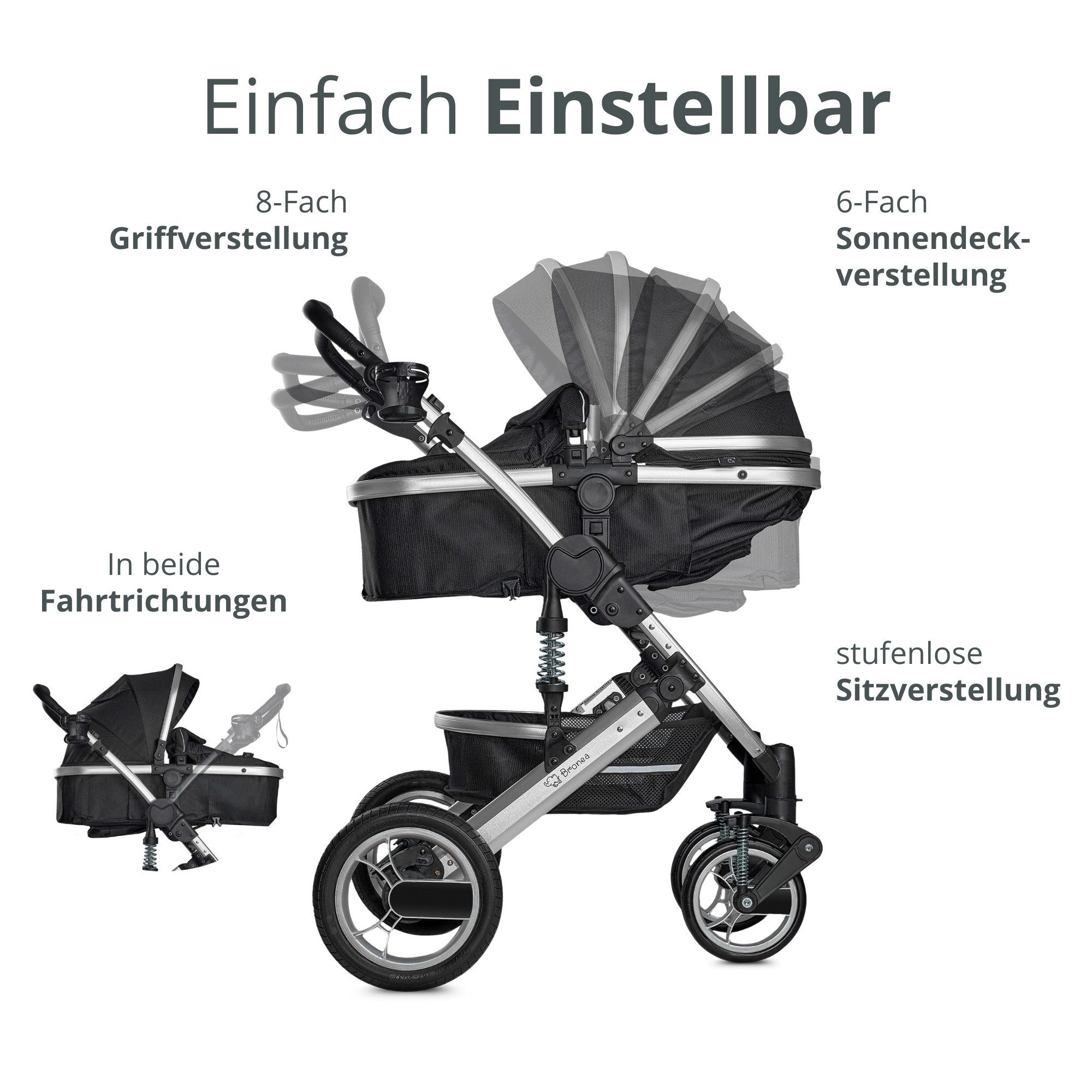 Kombi-Kinderwagen EXQUISE 2.0 Kinderwagen 3-in-1 SCHWARZ/SILBER BUGGY, AUTO-BABYSCHALE