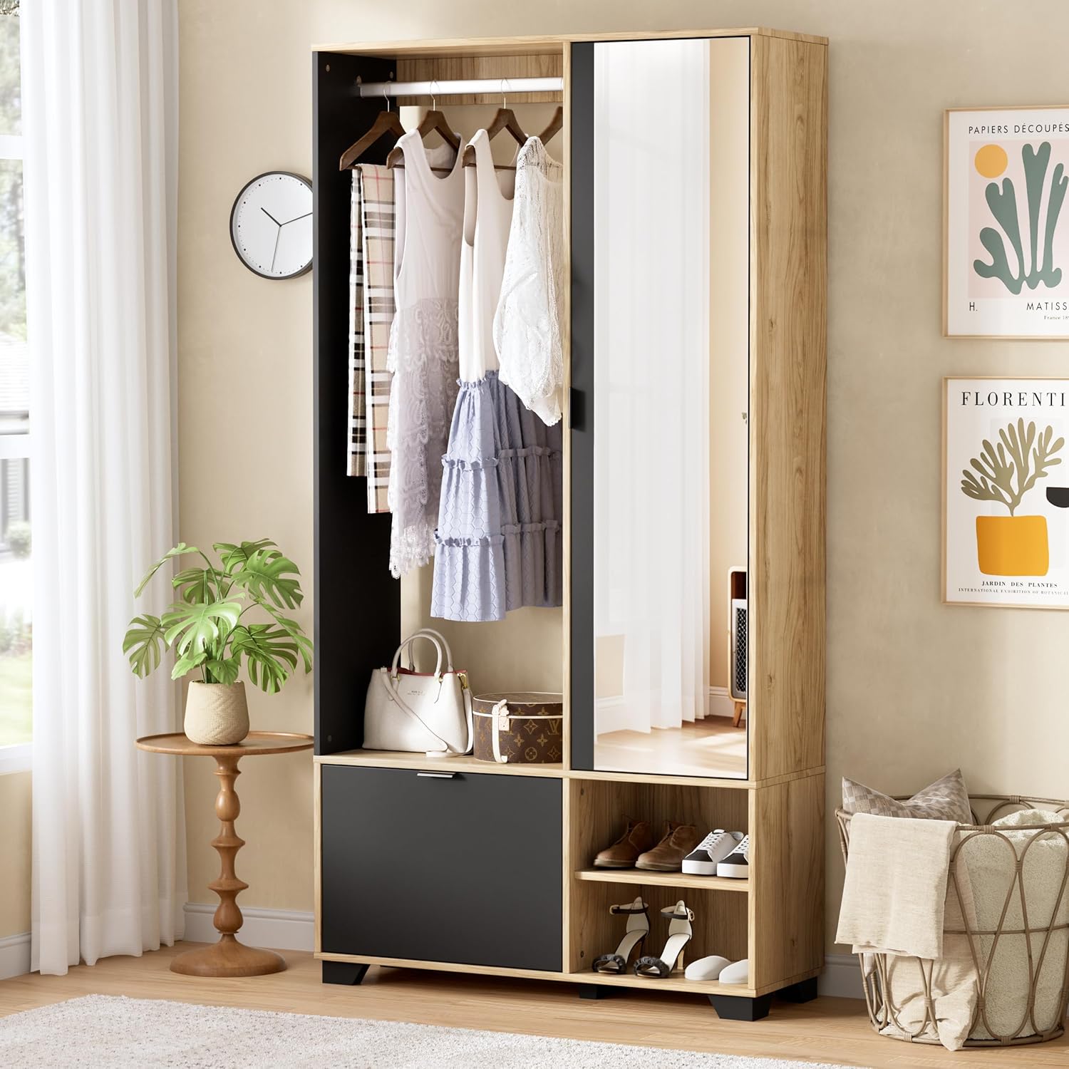 MSFE Entrance Wardrobe with 144 cm Mirror, Compact Wardrobe with Clothes Rail, Shoe Rack and Compartments, Wardrobe Set, Entrance Cabinet with Mirror, 100 x 33 x 190 H cm