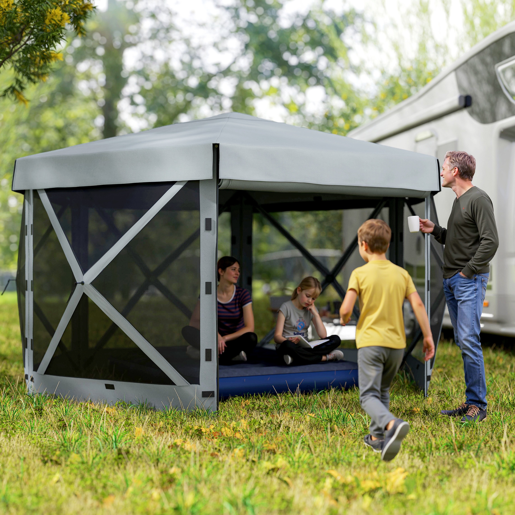 Outsunny Garten-Pavillon, Gartenzelt mit 5 Netzwänden und Tragetasche, wasserfest, UV-beständig, Partyzelt, Hellgrau