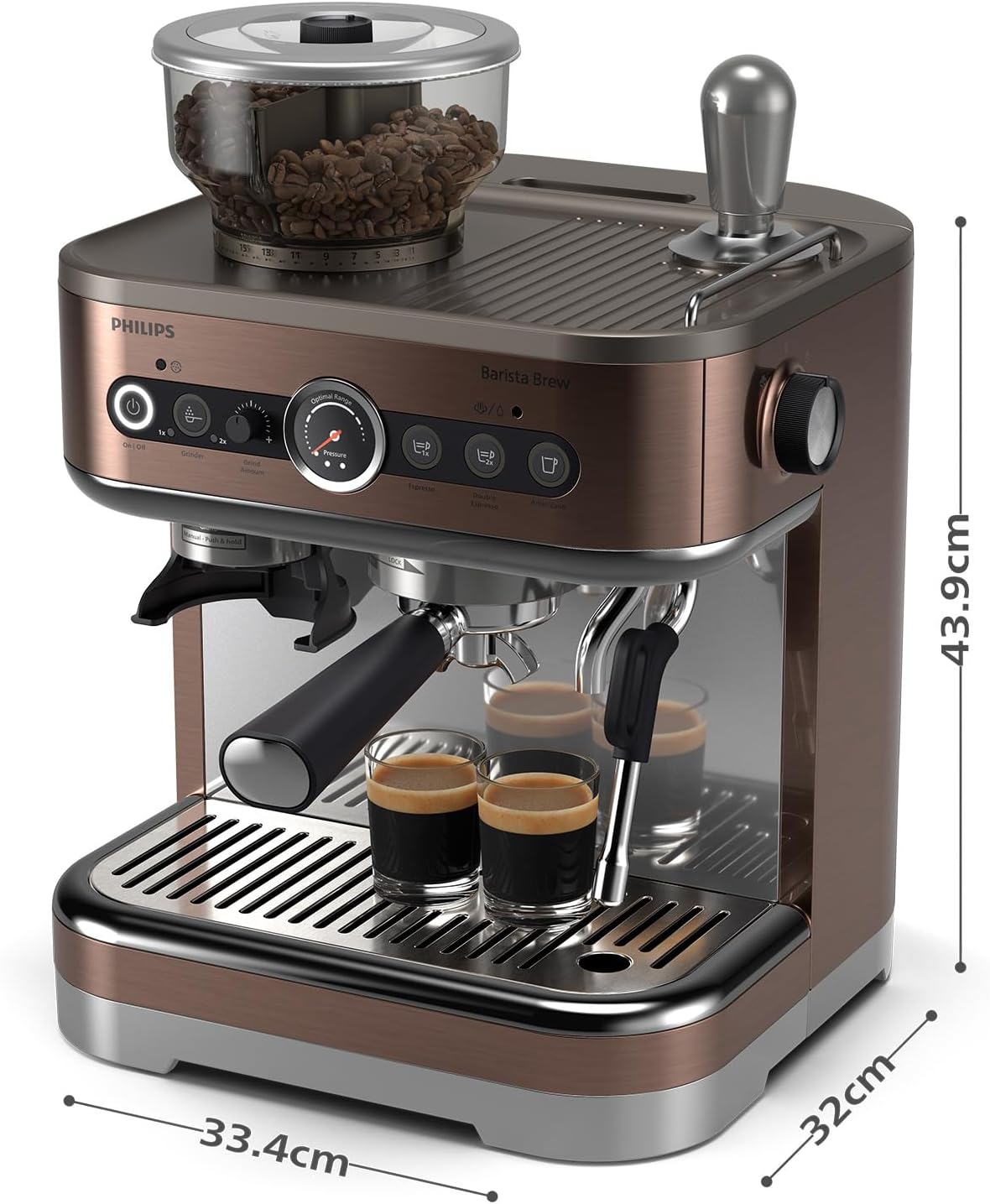 Barista Brew Macchina per caffè espresso semiautomatica - Pulsante per espresso singolo, doppio e Americano, doppio contenitore di caffè in grani da 280 g, cappuccino in metallo (PSA3228/41)