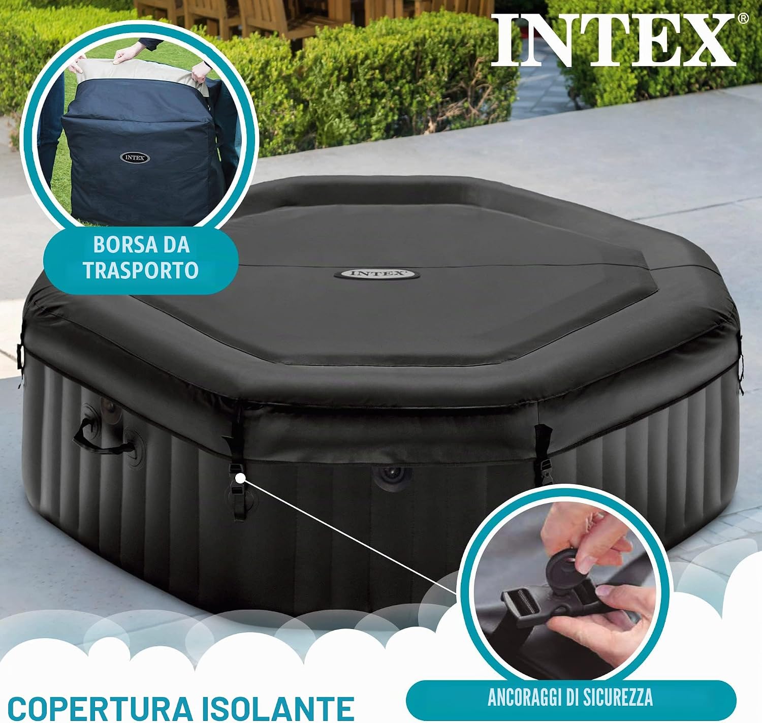 Intex 28462EX - PureSpa Vasca Idromassaggio Gonfiabile Jet&Bubble Deluxe Ottagonale, 6 posti, 140 Getti, Riscaldatore, Nero, 218x71 cm