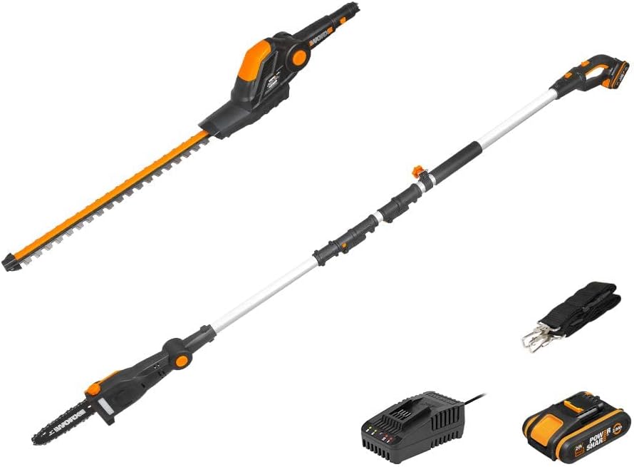 Worx 18V (20V MAX) Akku Teleskop Heckenschere & Hochentaster WG908E: PowerShare, 2,0 Ah Akku, Dual-Schnittklingen, automatische Kettenspannung, automatische Ölschmierung, inkl. Schnellladegerät