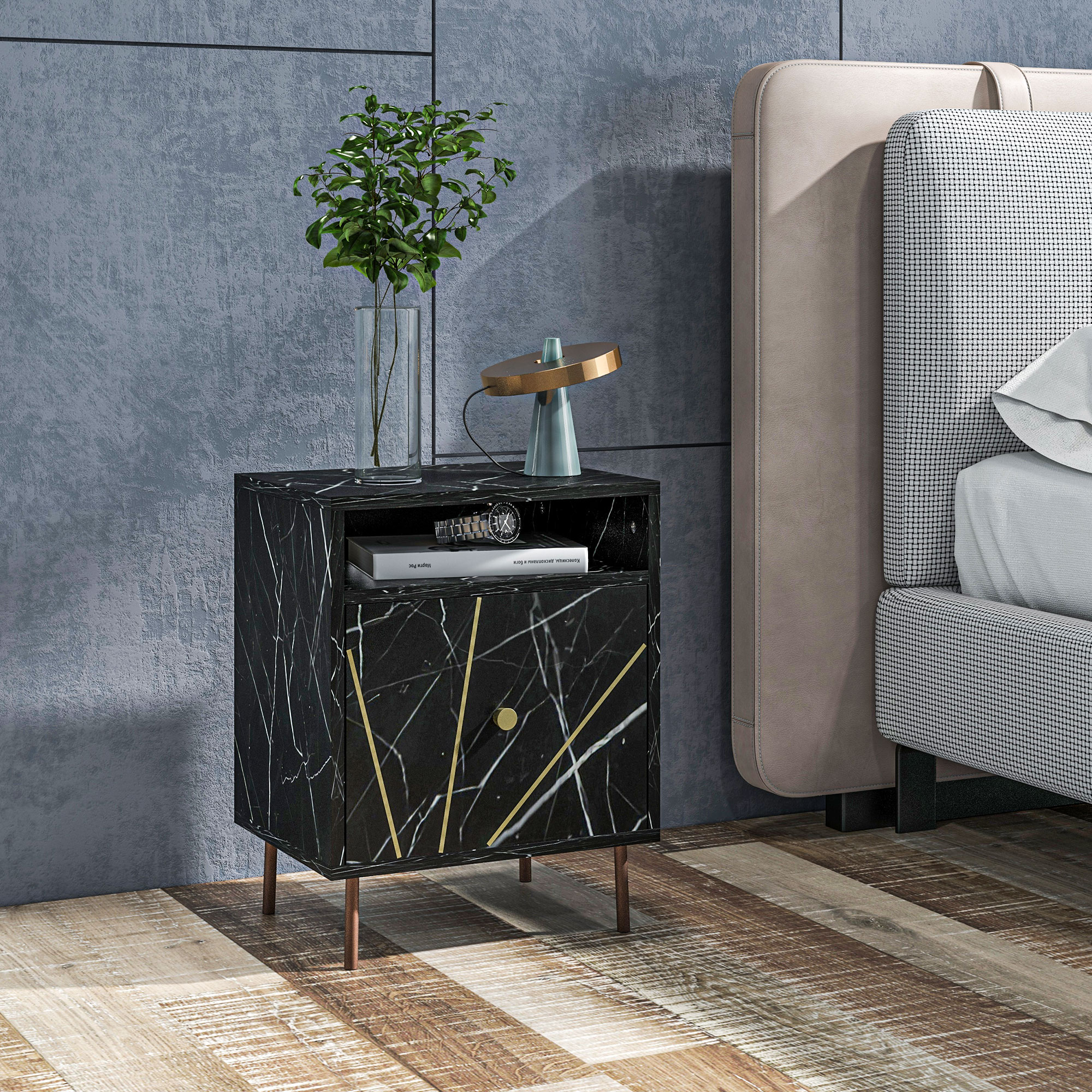 HOMCOM Nachttisch Beistelltisch mit 1 großem Schublade und 1 Fach, Marmoroptik, goldene Metallfüße, 39B x 30T x 50H cm