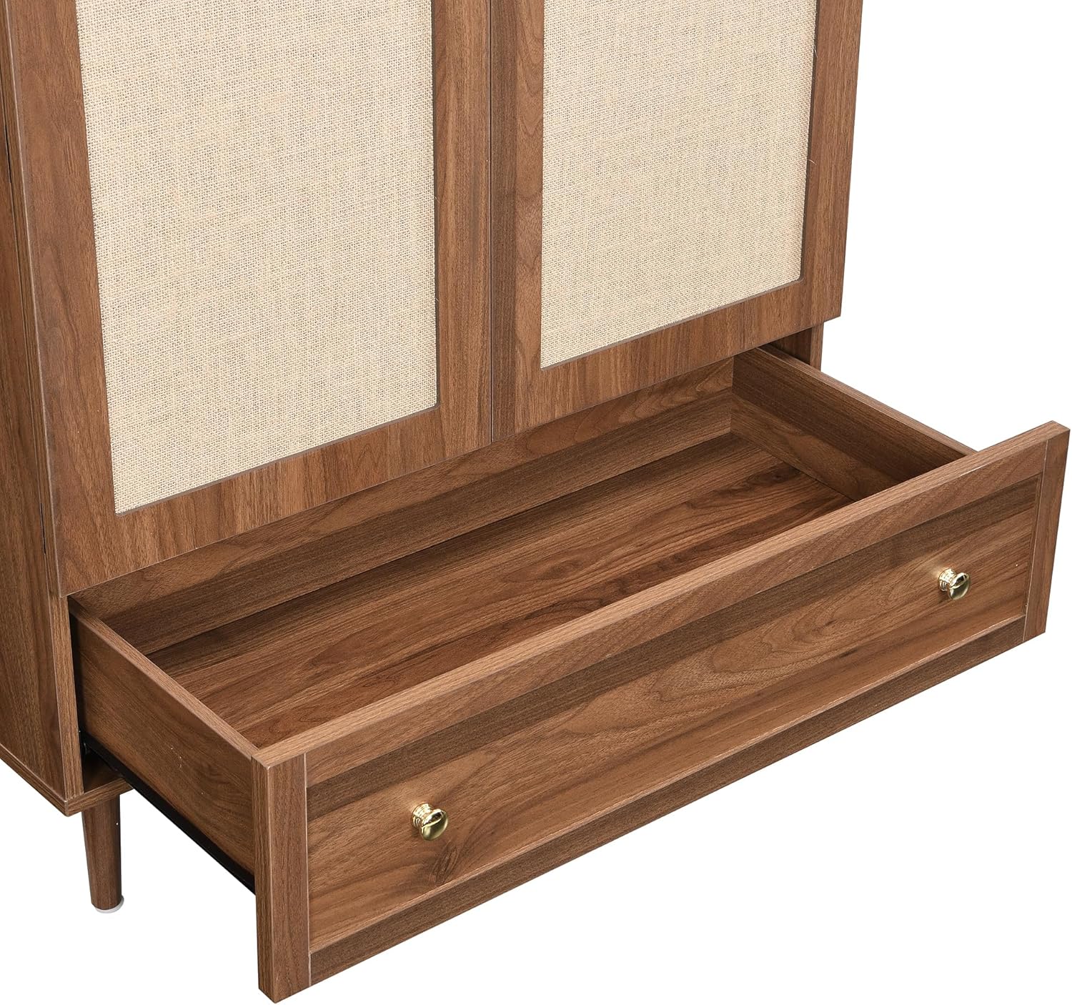 Children's Bedroom Wardrobe with Fabric Doors and Drawer, Walnut Effect, Wooden Feet, Practical Storage for Clothes and Accessories, Bedroom Compartments