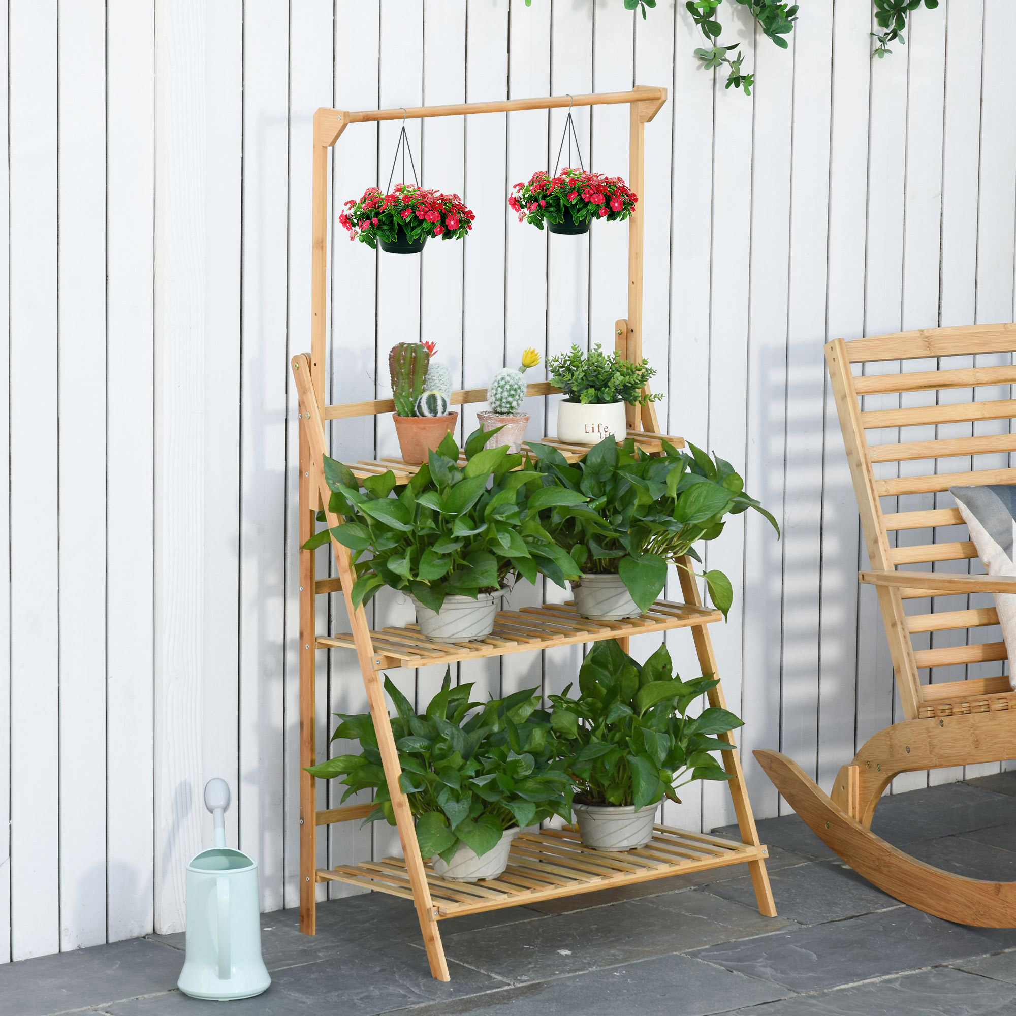 Outsunny Blumentreppe aus Holz Pflanzenständer Leiterregal einstellbare Hängehöhe Blumenständer hängende Bamboo Natur innen draußen 70 x 40 x 143 cm