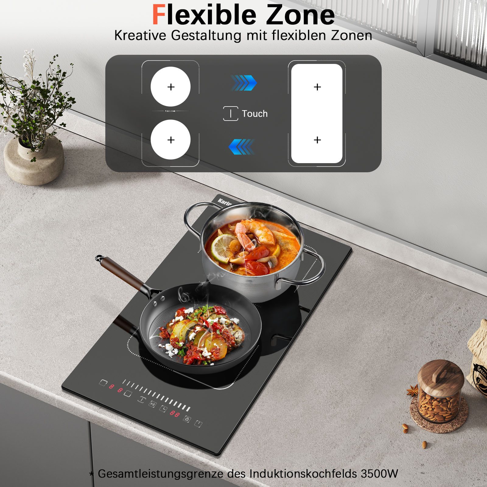 Induktions-Kochfeld 2 Platten, 3500W, Touch-Bedienung, Kindersicherung VDE-Stecker