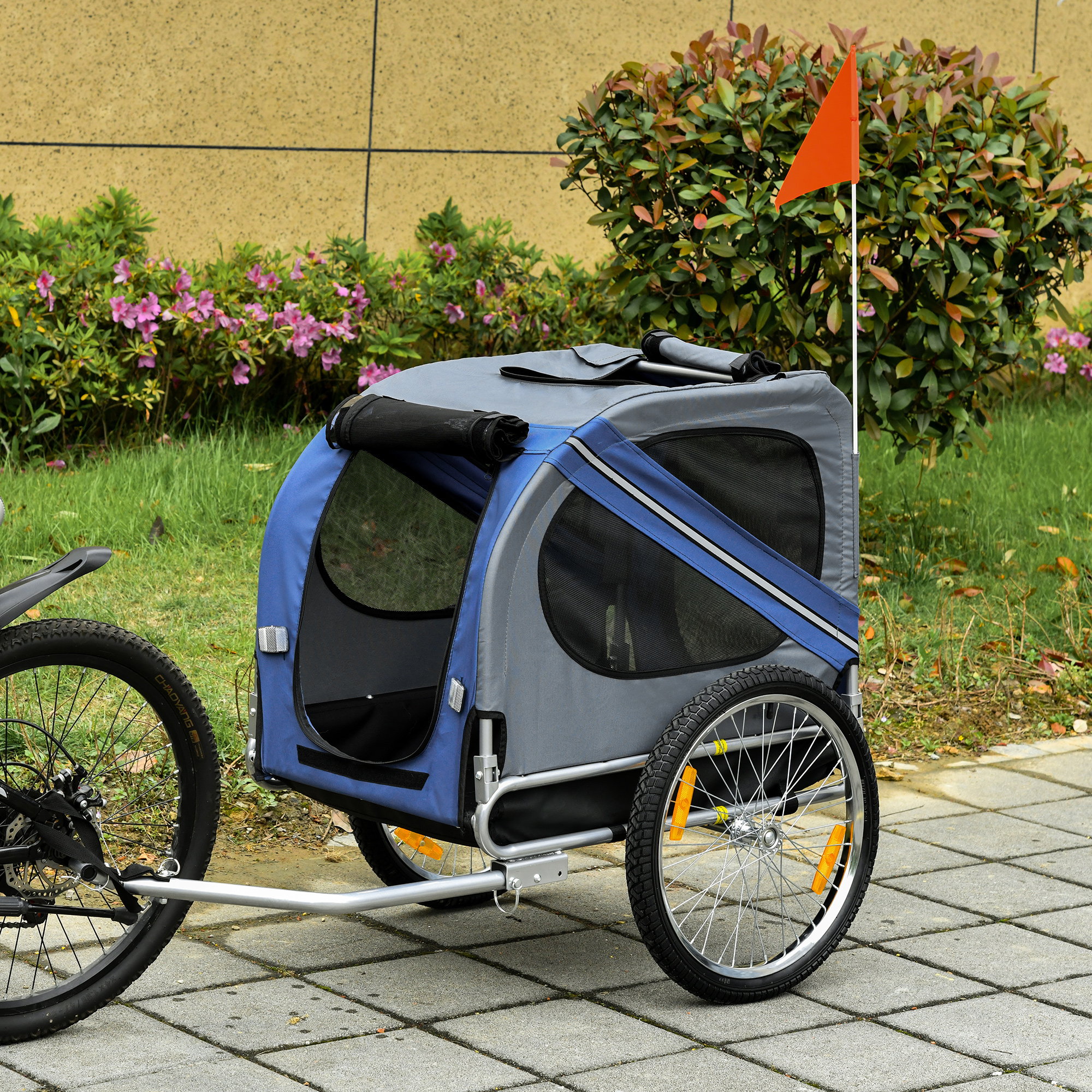 PawHut 2-in-1 Haustieranhänger Fahrradanhänger bis 20kg klappbar Regenschutz Sicherheitsfahne Reflektoren Stahl grau+blau 130 x 73 x 90cm
