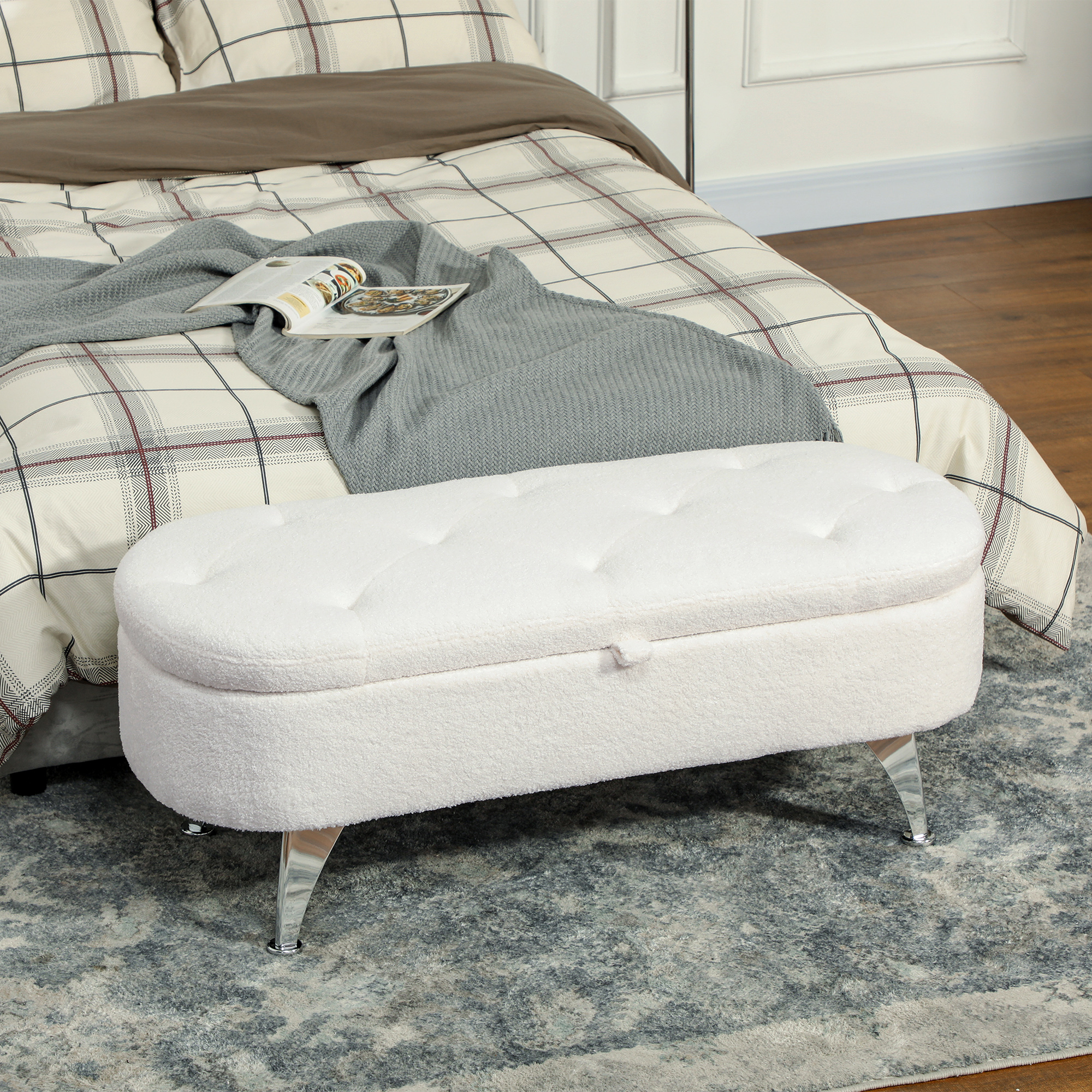 HOMCOM Sitzbank mit Stauraum, Deckel und Metallbeinen für Wohnzimmer, Schlafzimmer, Flur, Weiß
