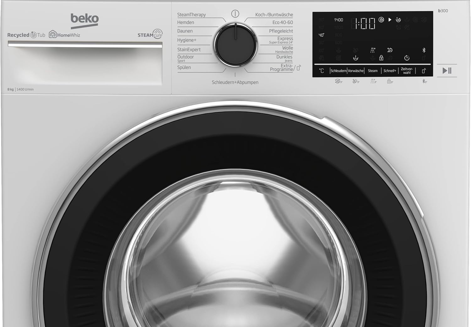 Beko B3WFU58415W1 b300 Waschmaschine, 8 kg, Waschvollautomat, Restzeitanzeige, Schleuderwahl, 1400 U/min, Dampffunktion, AddXtra-Nachlegefunktion, Bluetooth, Hygiene+ allergikergeeignet, Weiß
