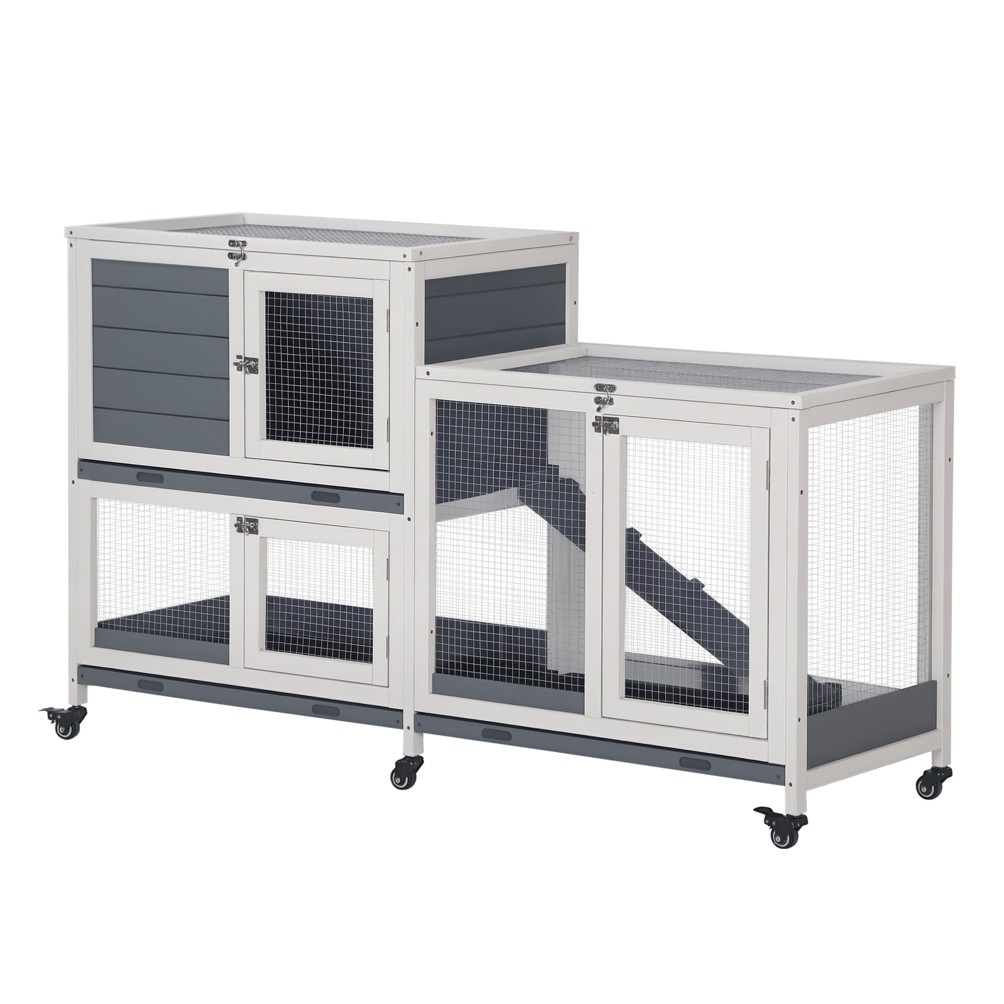 PawHut Kleintierstall Kleintierkäfig Zwergkaninchenstall mit 6 Rädern aufklappbarem Dach abschließbarer Tür Tannenholz Grau+Weiß 147 x 45,5 x 88,5 cm