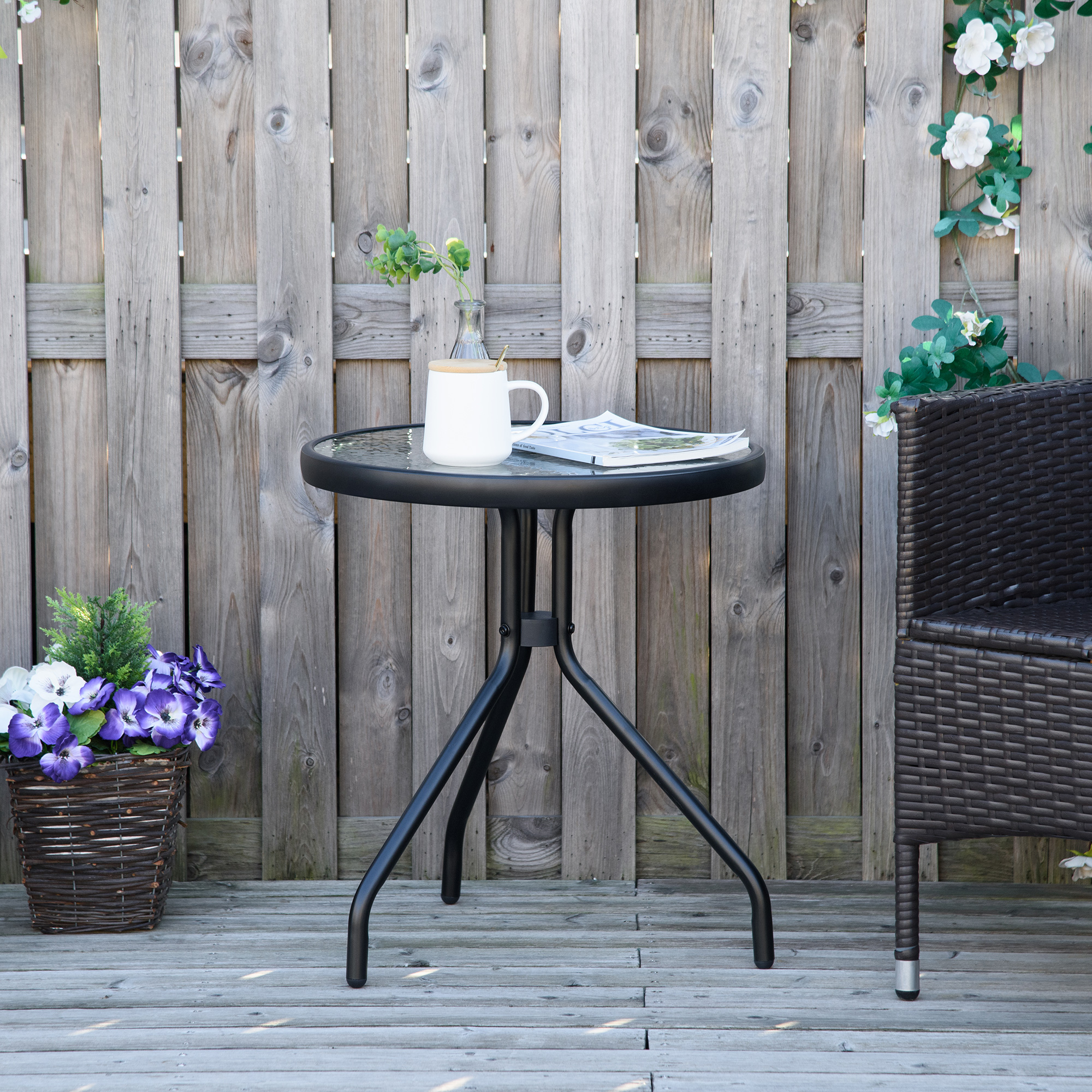 Outsunny Tisch bistro de jardin runder Gartentisch mit gehärteter Glasplatte Metall Epoxid Ø 50 x 55H cm Schwarz