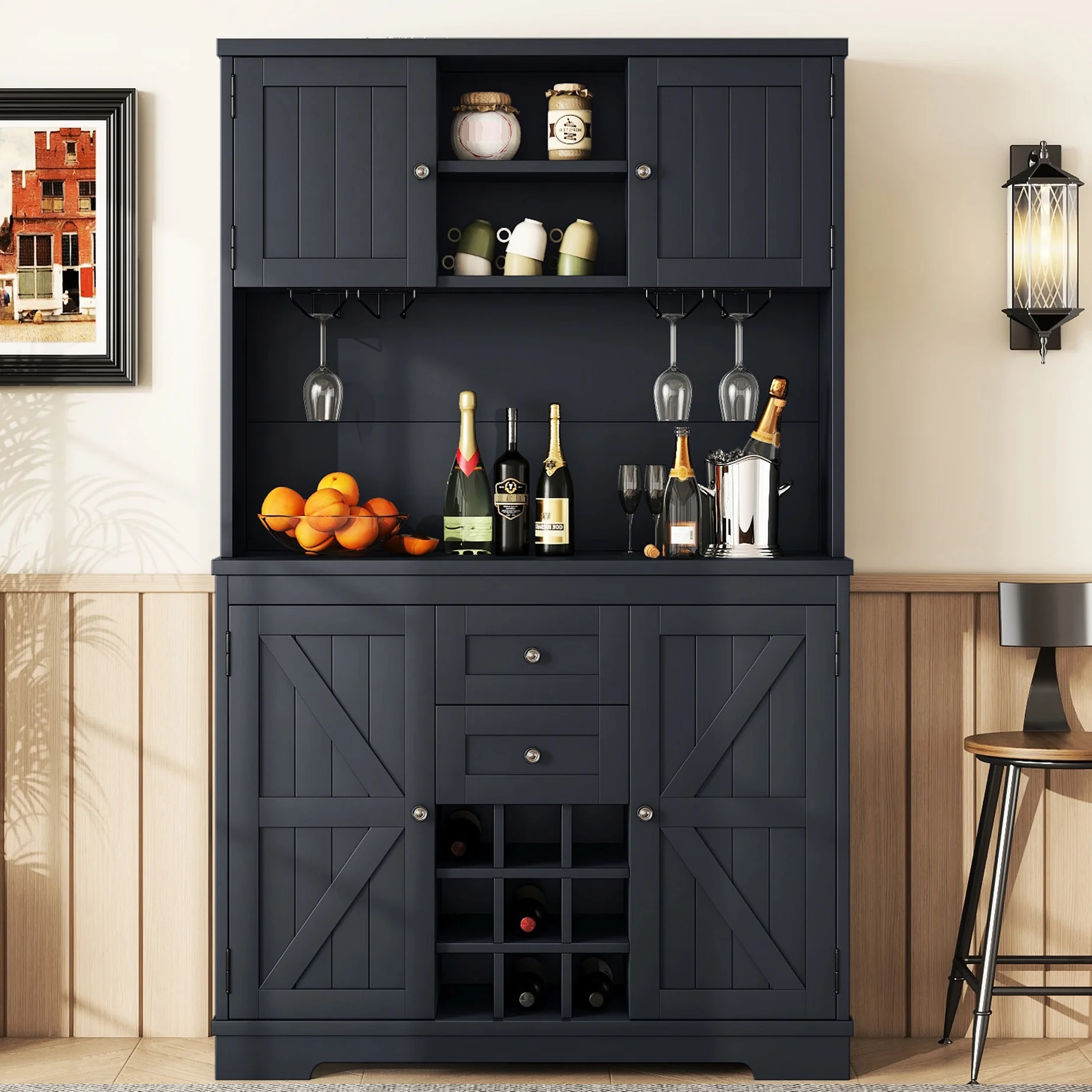Dark Blue Dining Room Storage Cabinet With Shelves - Coffee Bar Drawers For Kitchen Antique Drawers, Shelves, And Cabinets