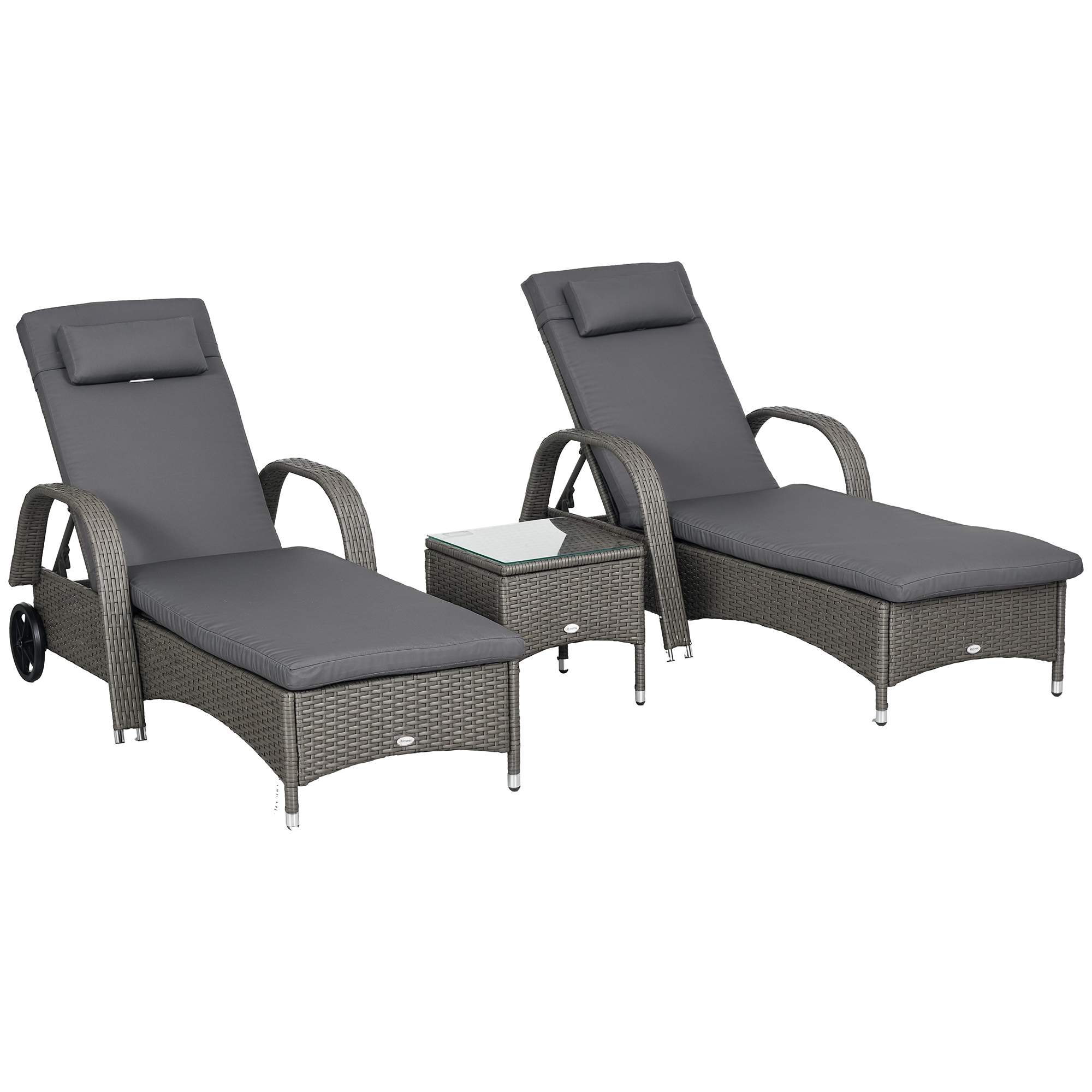 Outsunny Sonnenliege Gartenliege Tisch 3er-Set Gartenmöbel, Polyrattan+Metall Grau+Dunkelgrau