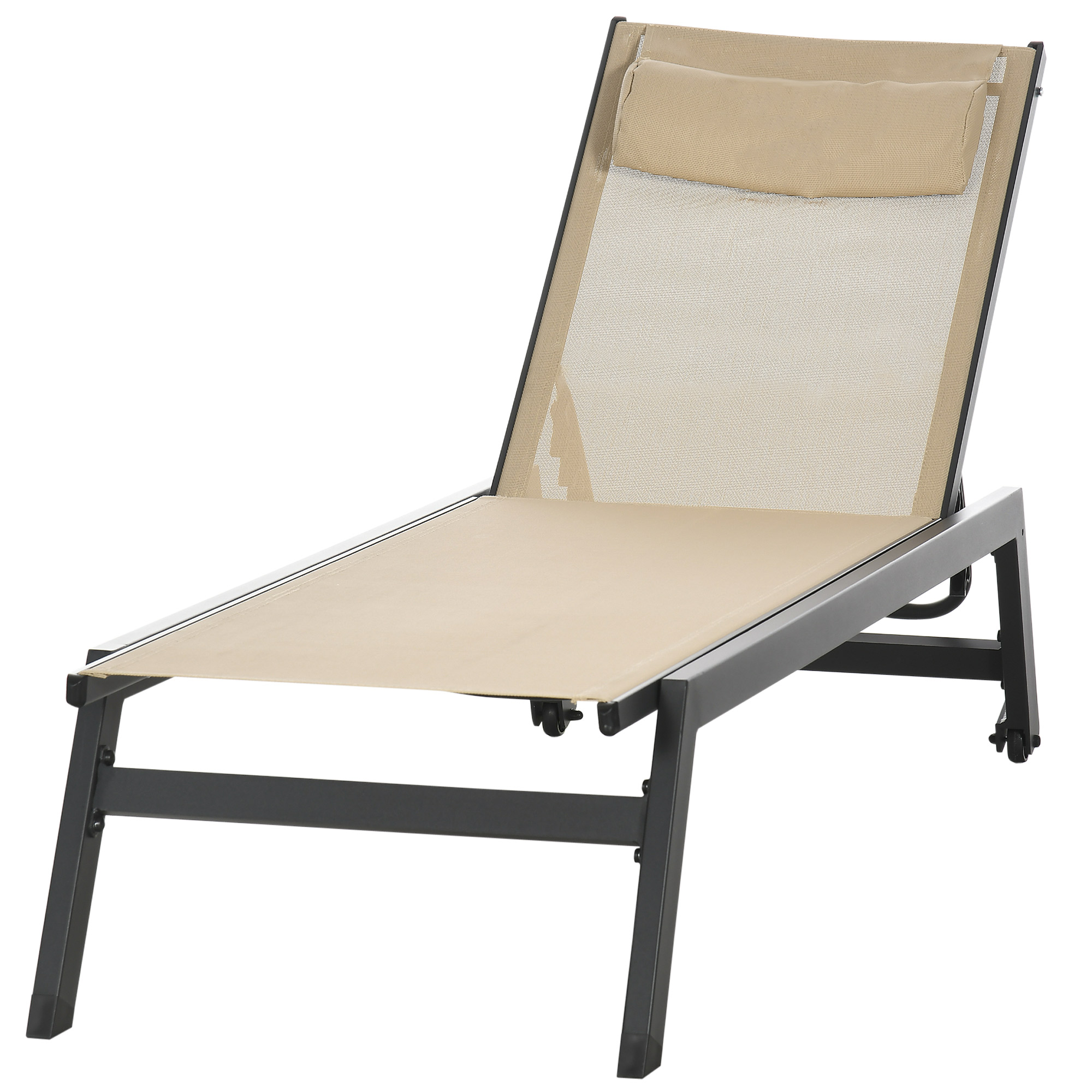 Outsunny Sonnenliege Liegestuhl aus Aluminium und Textilene mit Rollen und verstellbarer Kopfstütze Khaki