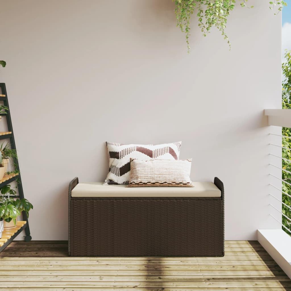 LAPOOH Outdoor / Indoor Bench with Brown Cushion in Polyrattan 115 x 51 x 52 cm
