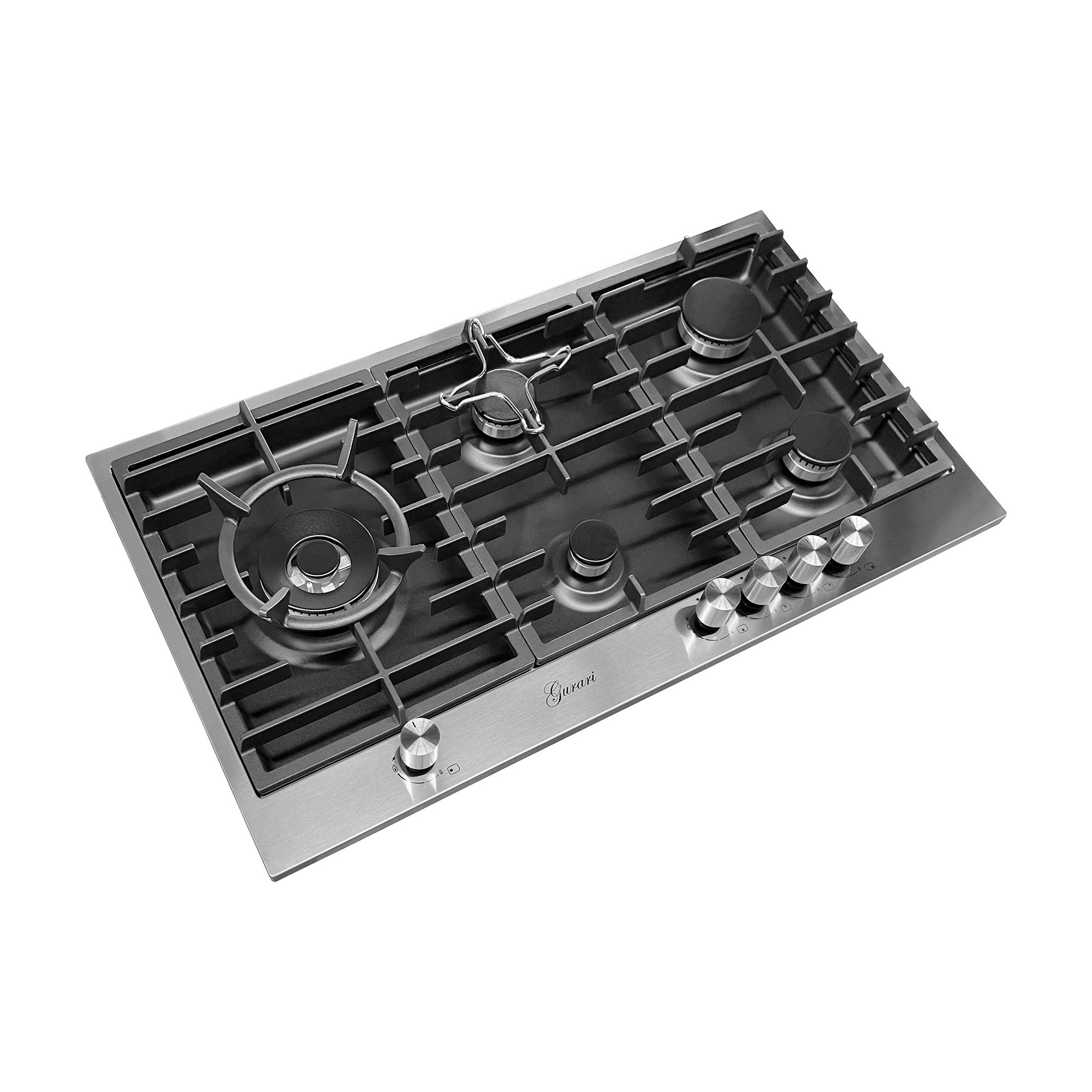 Gas-Kochfeld GCH TY 905+Kaffeadapter, 90 cm, Edelstahl- Schwarz Emaliert, 4,0 kW WOK, 5 Gasbrenner,Erdgas, FL.Gas